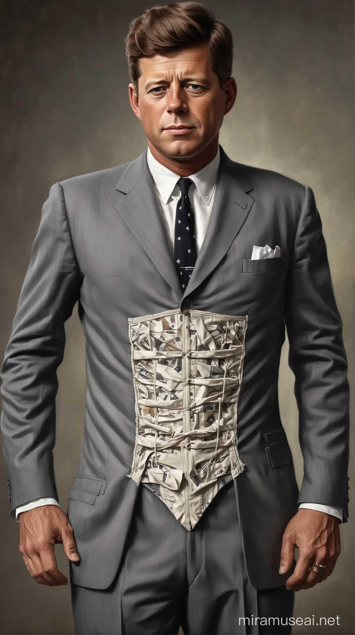 An artistic representation of JFK wearing a hidden corset under his suit, showcasing the burden of his back pain and its potential impact on his tragic end.

