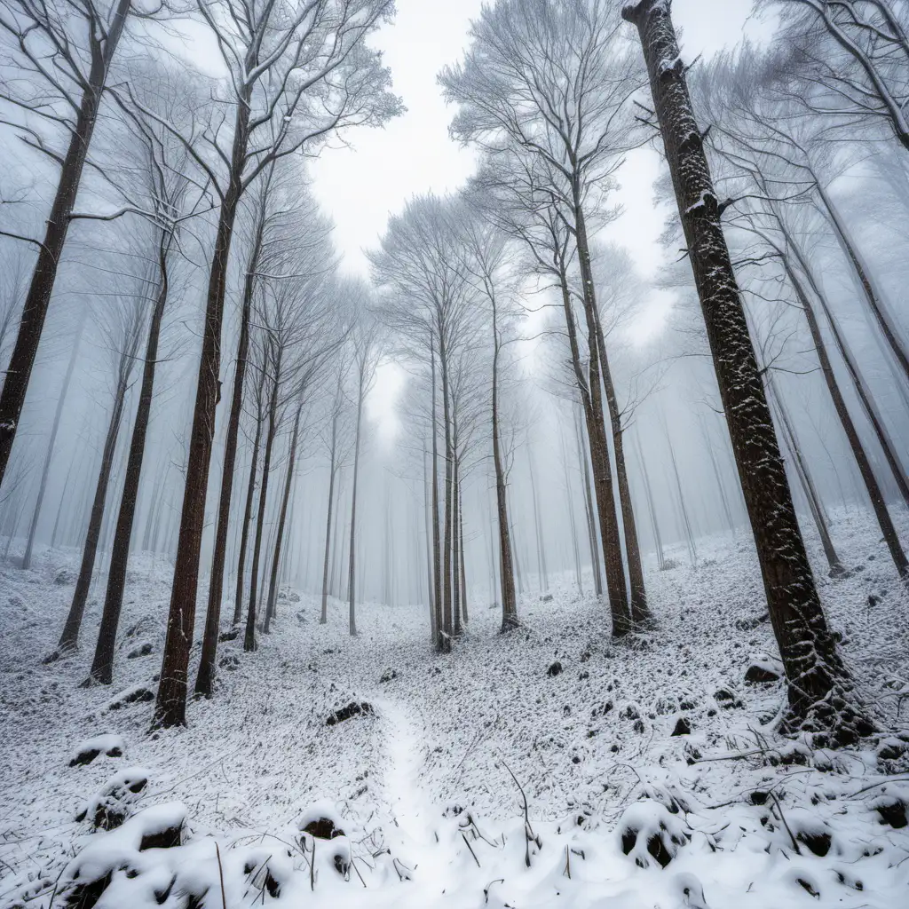 Enchanting Snowy Forest Landscape with Majestic Trees and Pristine Snowfall