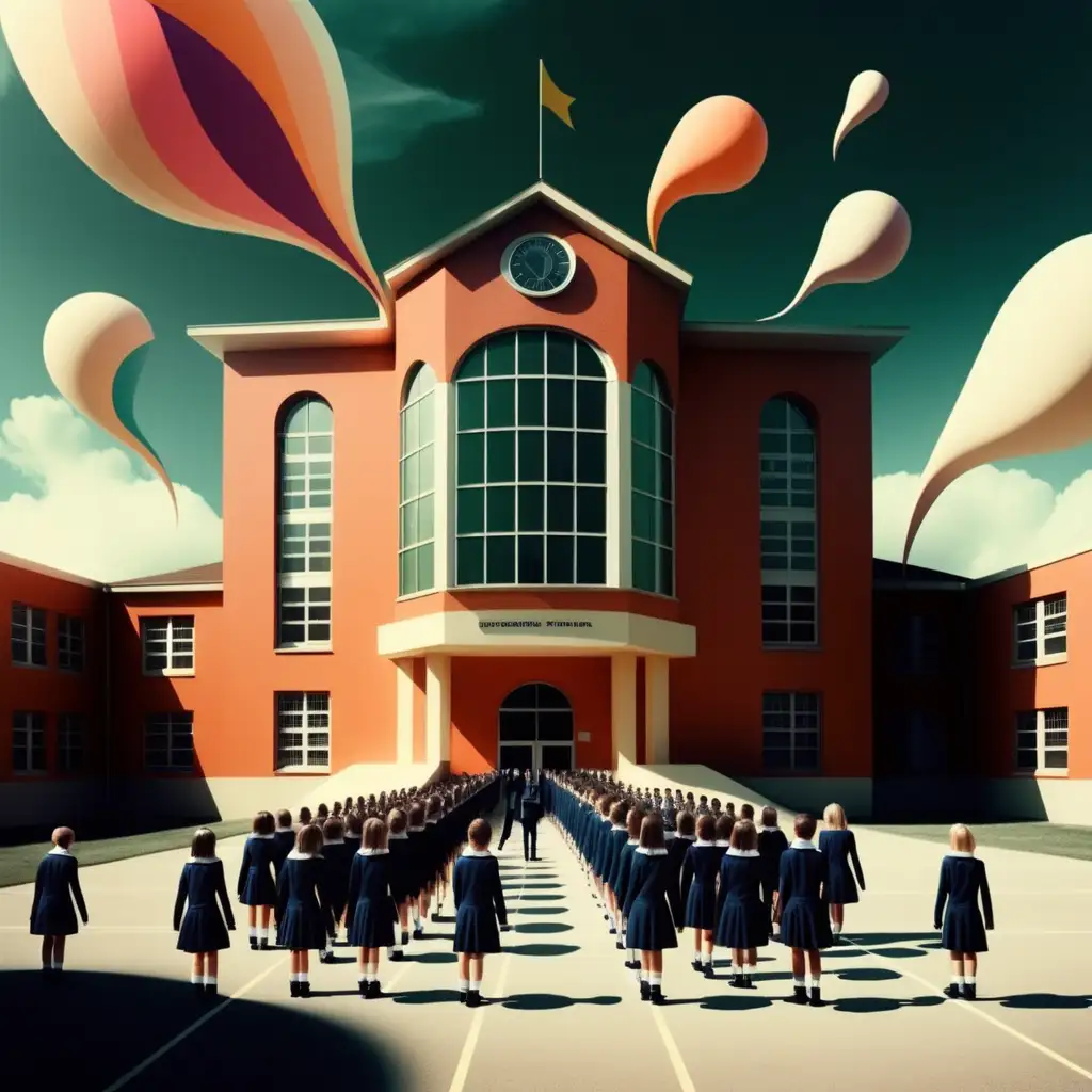 surrealistic image of a school with people who have a partie.