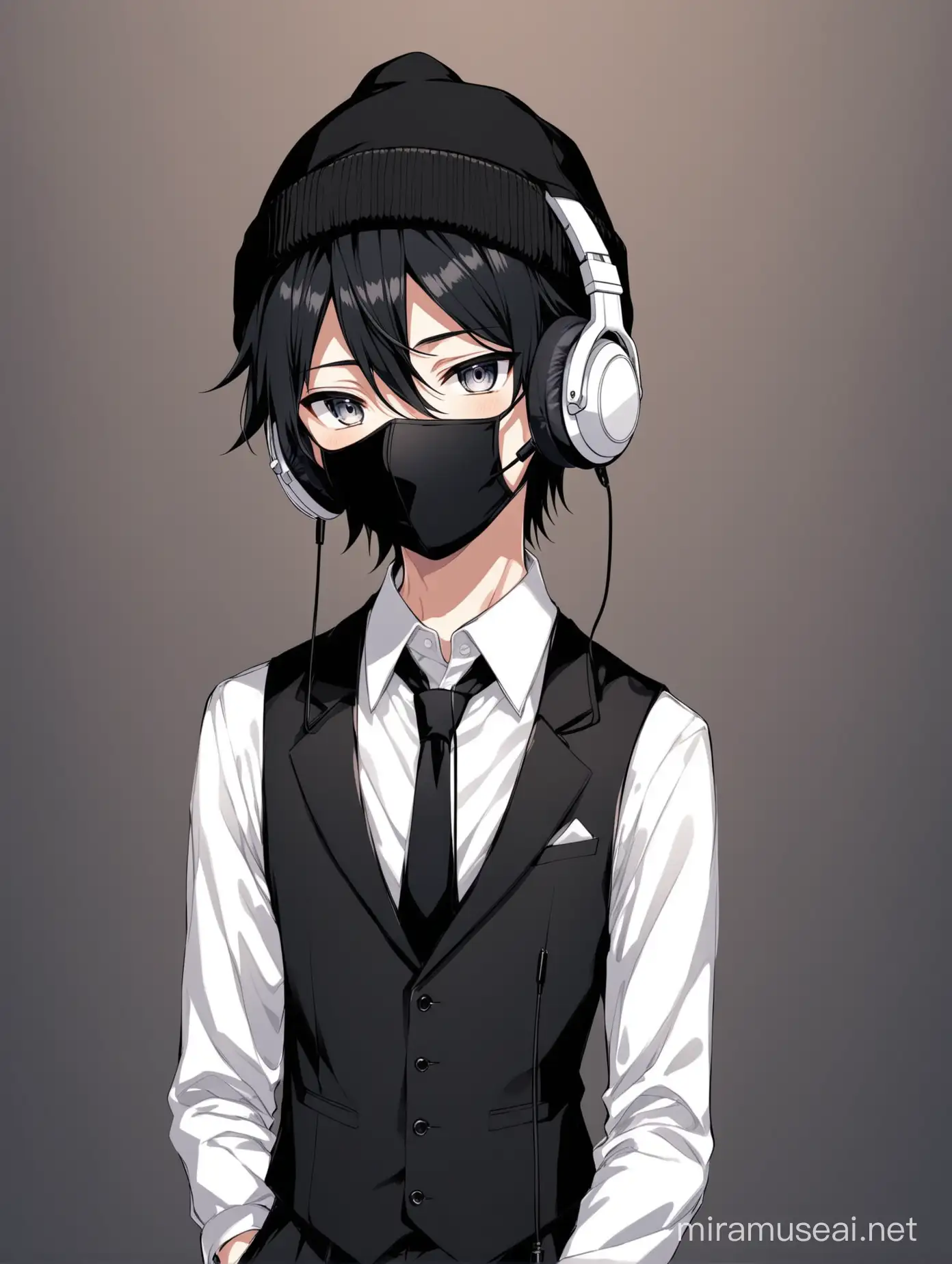 Cute anime boy. He is wearing a suit of sorts. Black vest, black tie, white collared shirt.
He has black hair, a black beanie and a black mask, along with white headphones on his ears