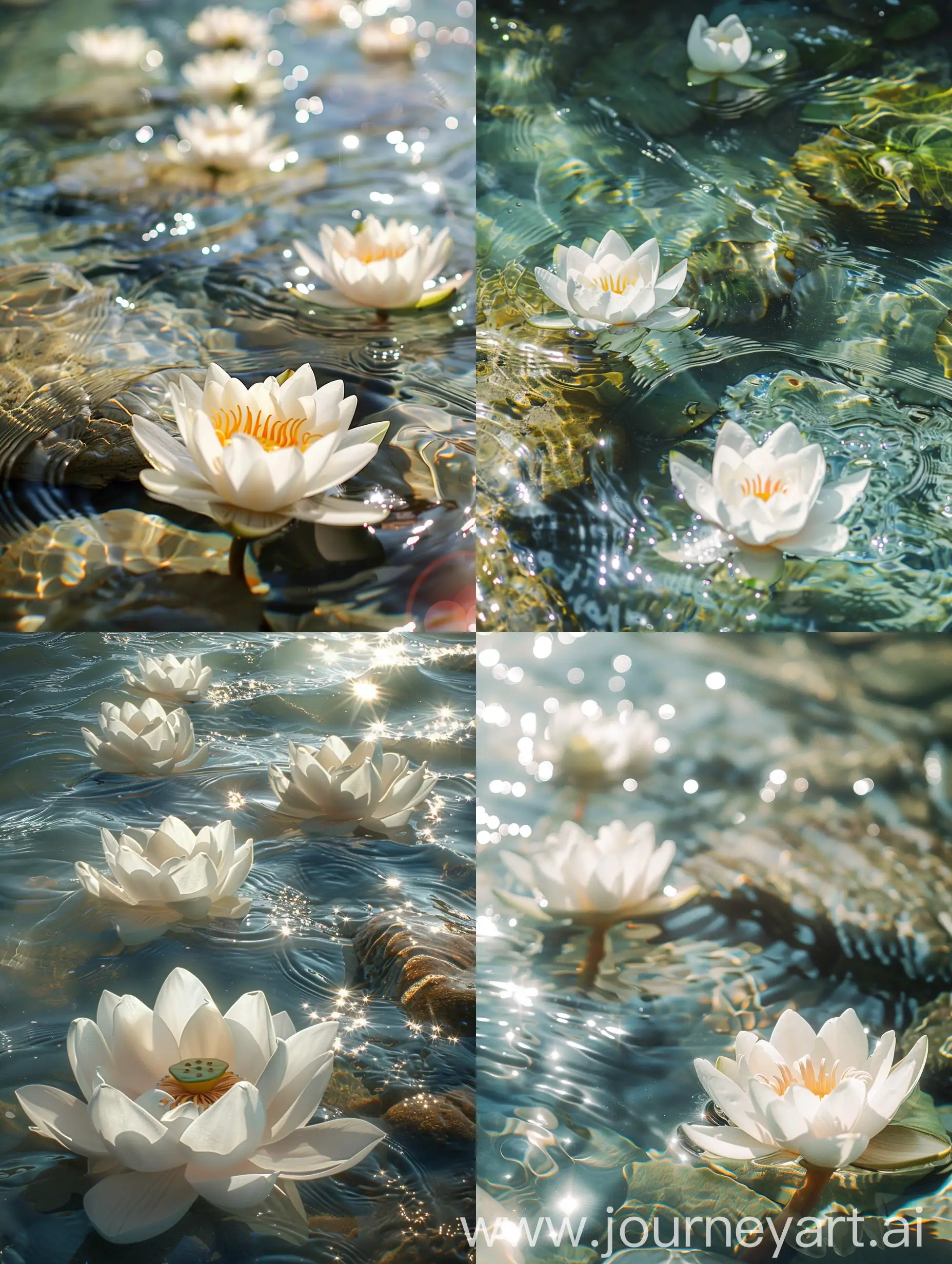 流水，白色的莲花在水中，晶莹剔透，阳光照在水面，光泽感