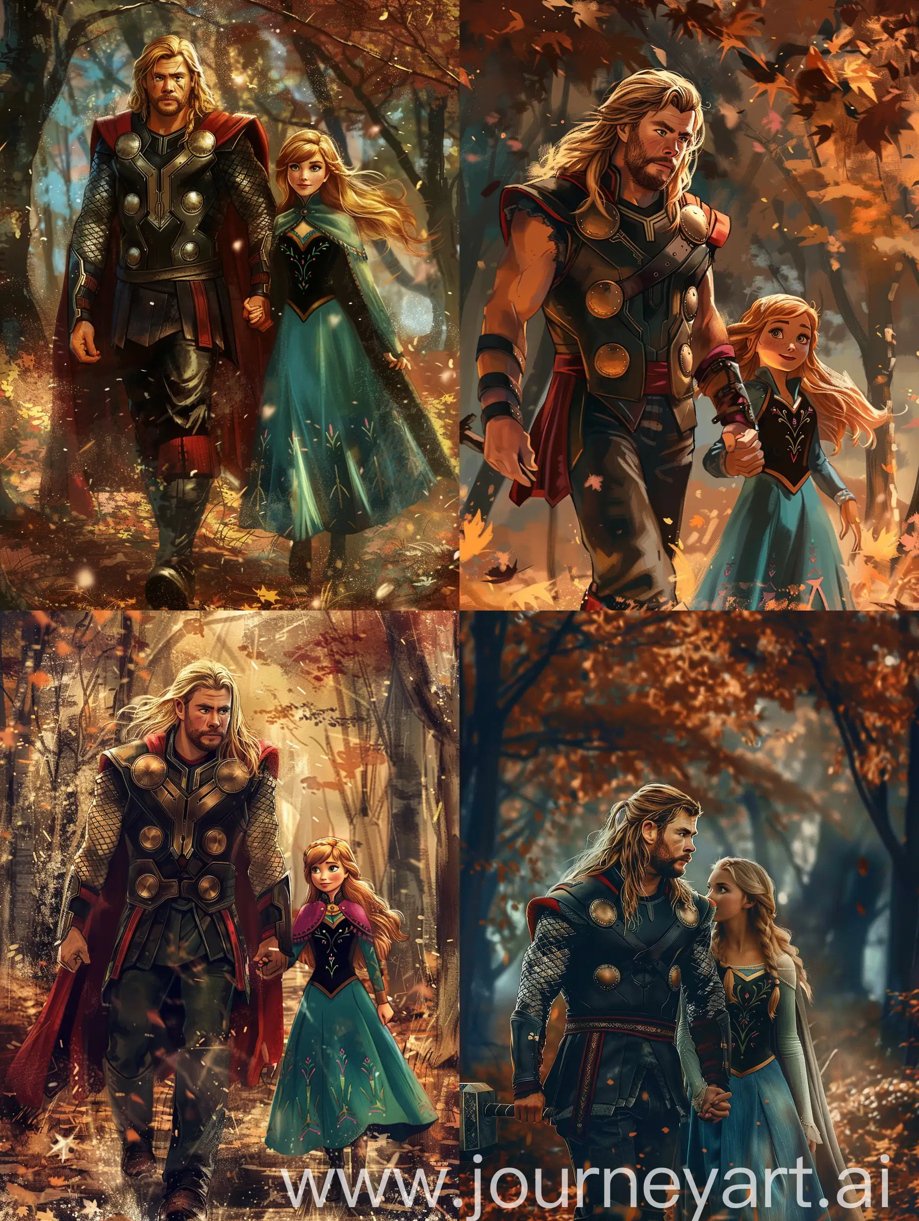 Chris Hemsworth/Thor, long blonde hair, walks with Anna from Frozen in the woods, autumn, night.