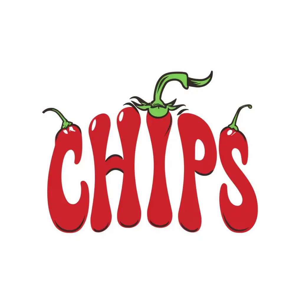 logo, chilli pepper, with the text "chips", typography