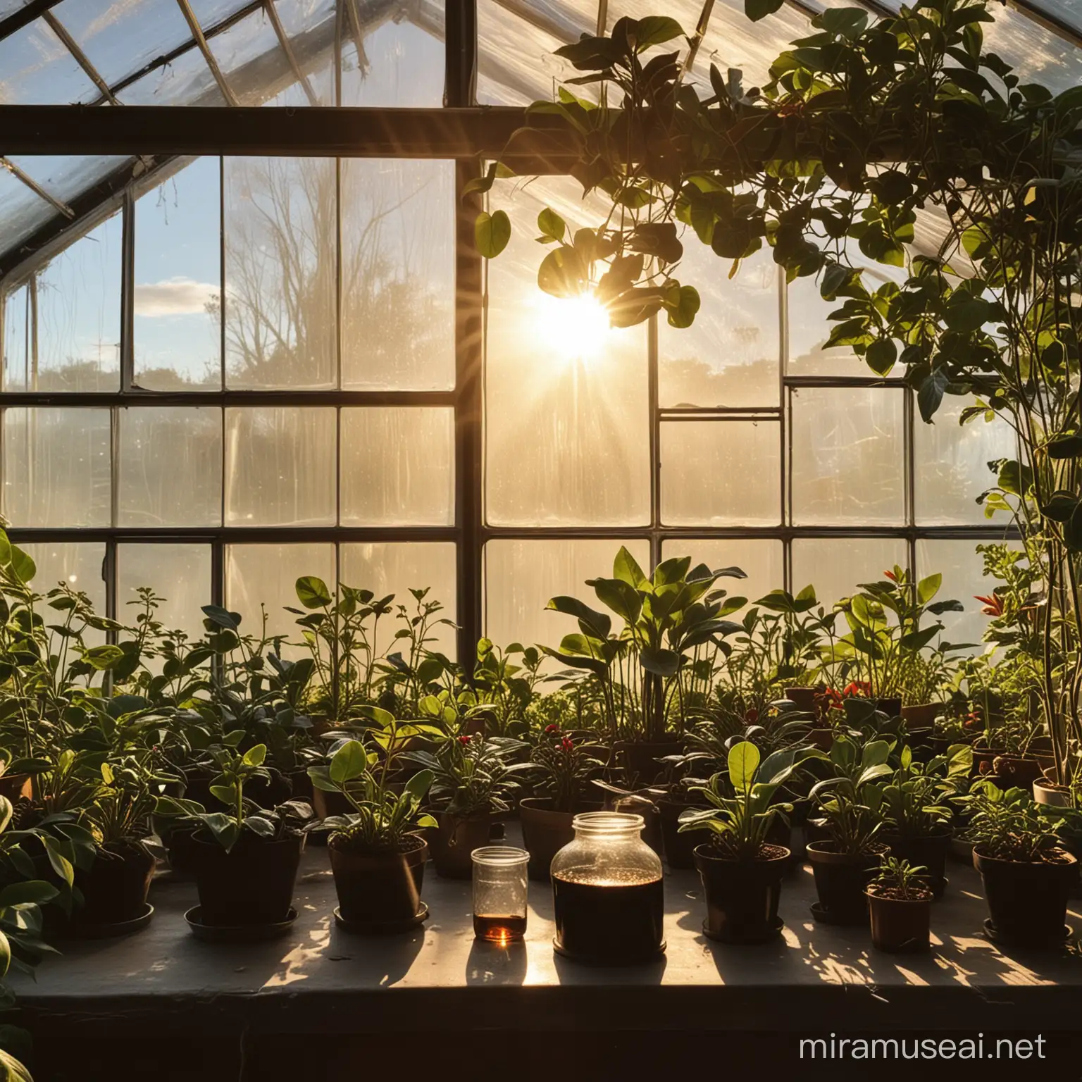 太阳光照在一个温室大棚内一个敞口玻璃烧杯，烧杯内只有一点点黑色的油，其他的一点都没有，烧杯周围是种植的盆栽植物