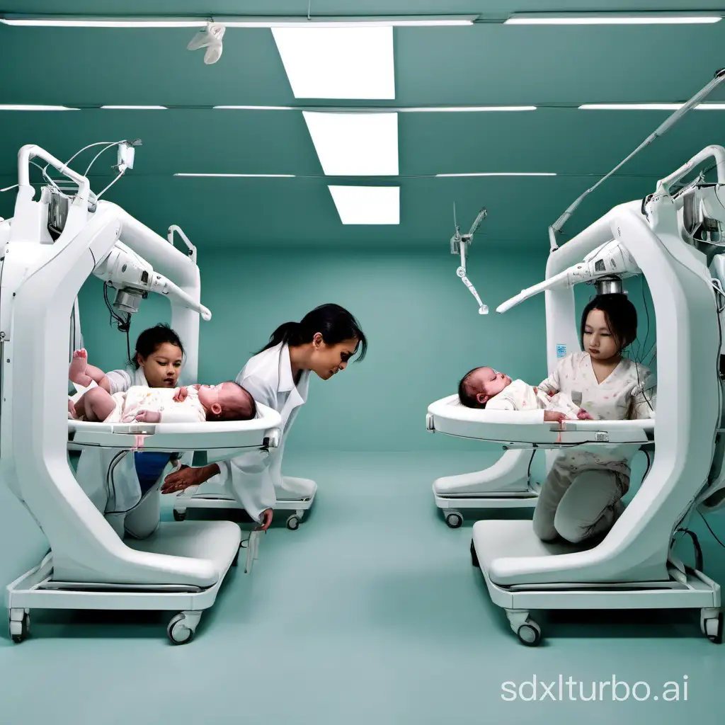 2 people manufacture babies with machines in a room