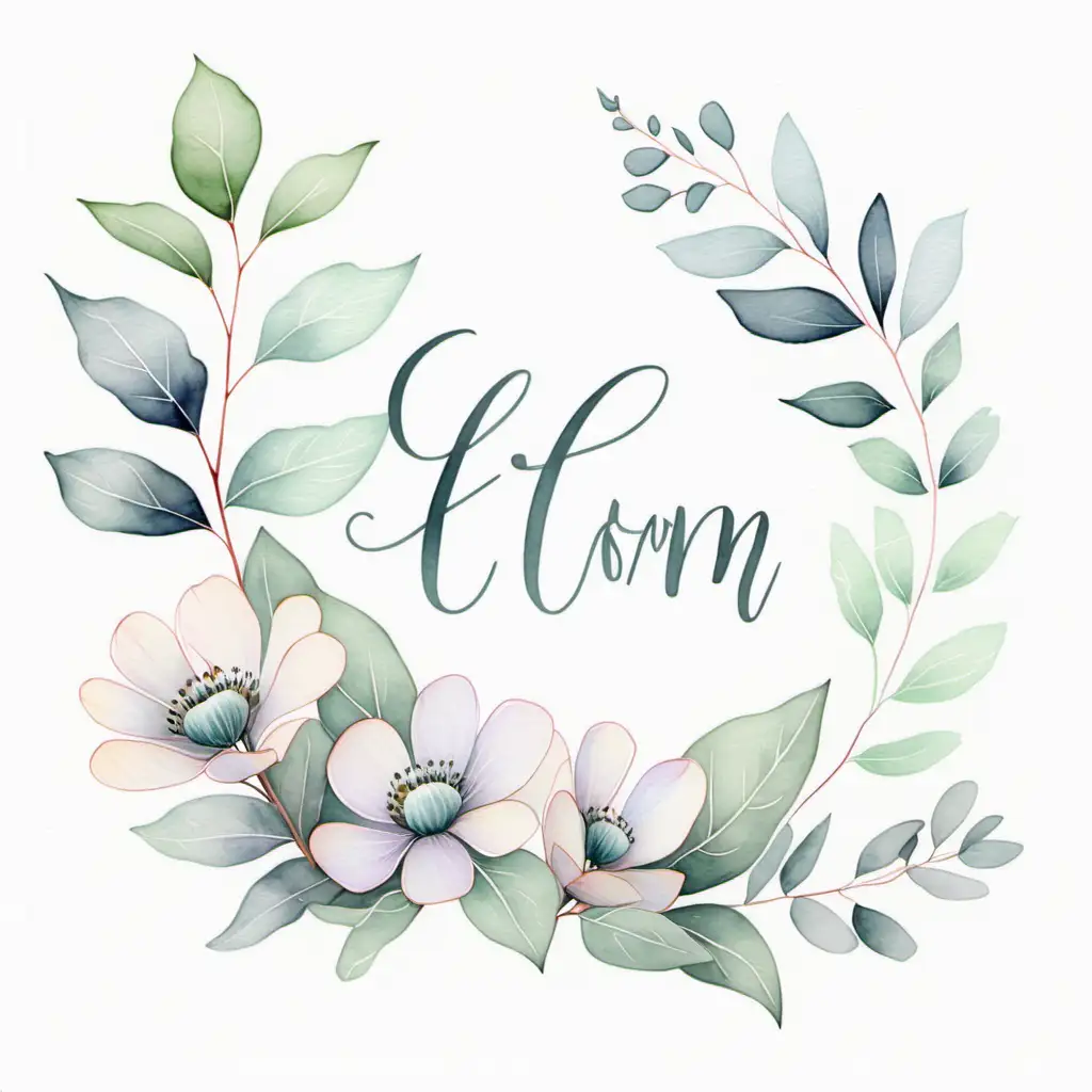 lettering, watercolored flowers, watercolored eucalyptus, soft pastel, white background