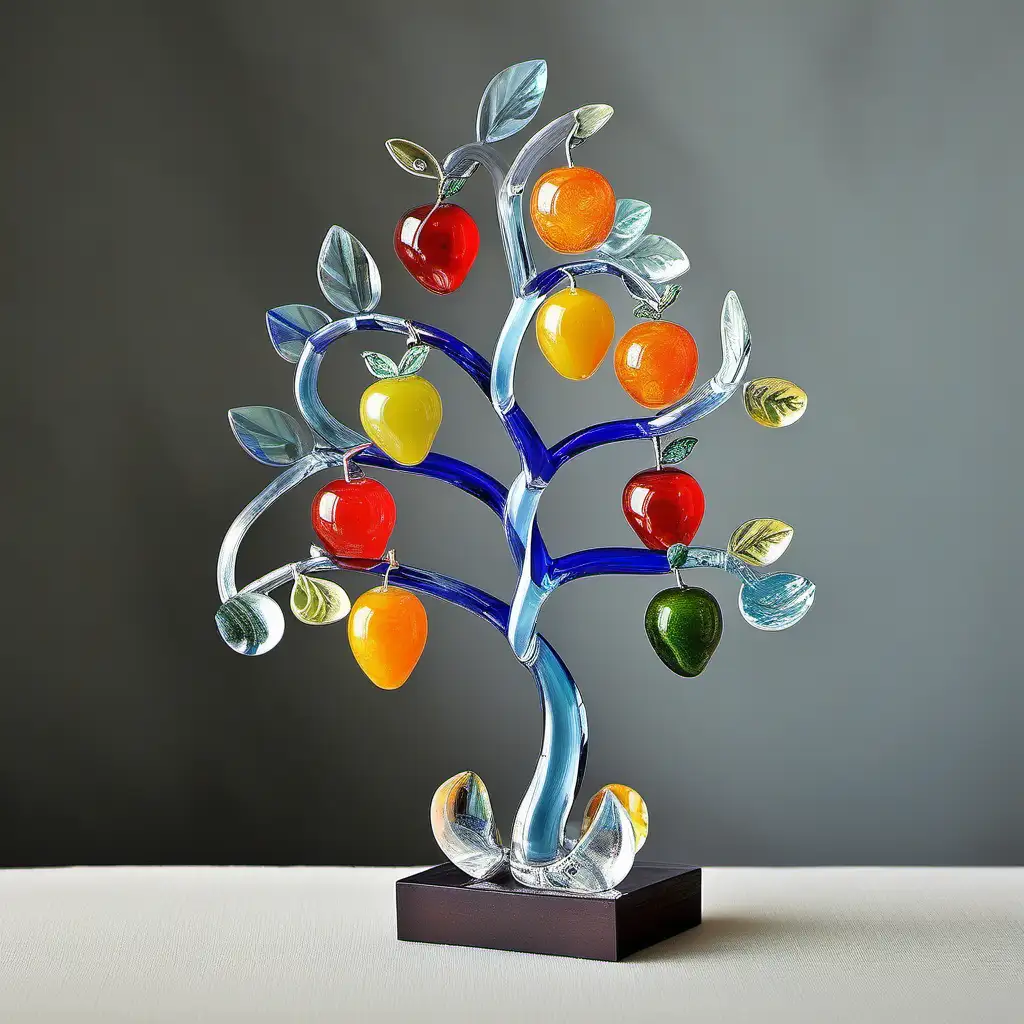 Elegant Curvy Glass Tree with Miniature Glass Fruit SummerThemed Decor