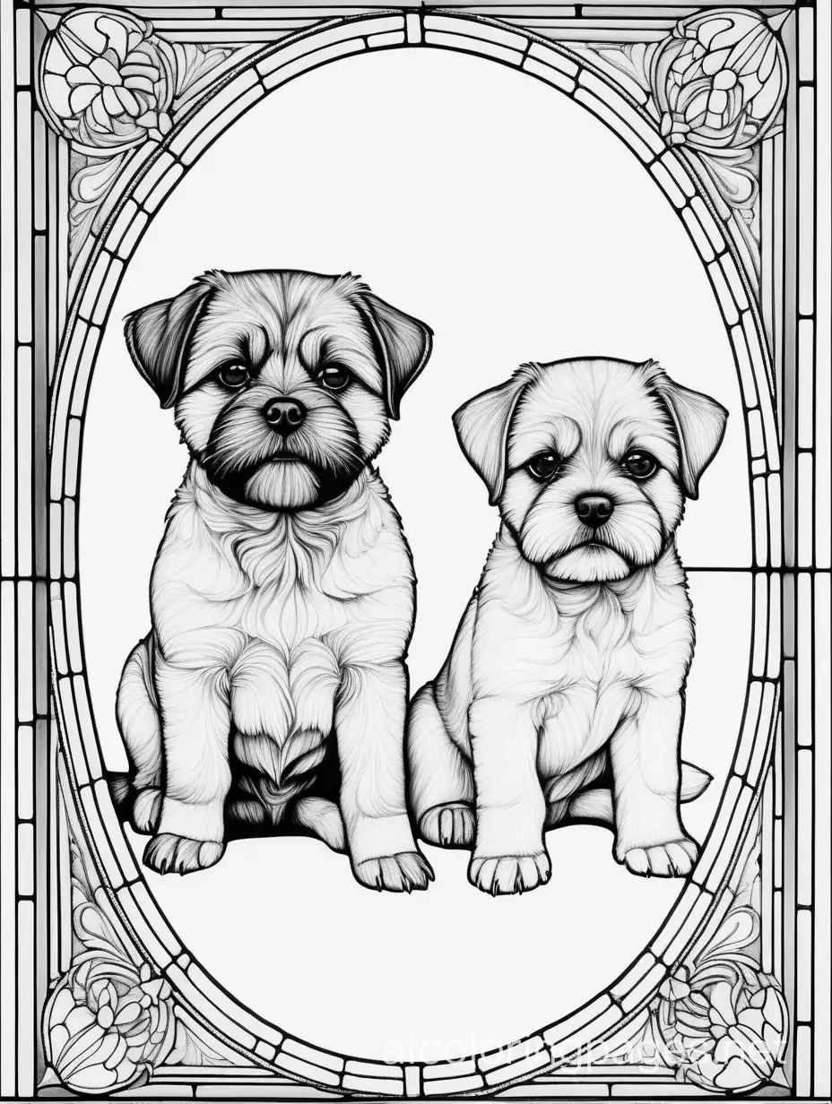 the image of  sand stained-glass rainbow-two Border Terrier dogs,  Long shot, Arial View, sharp focus  poster  ultra detailed  high definition  naive art  Anna Dittmann    Hugo Pratt    Extremely polished  basquiat style  extremely crisp quality  milo manara postmodernism, Coloring Page, black and white, line art, white background, Simplicity, Ample White Space. The background of the coloring page is plain white to make it easy for young children to color within the lines. The outlines of all the subjects are easy to distinguish, making it simple for kids to color without too much difficulty