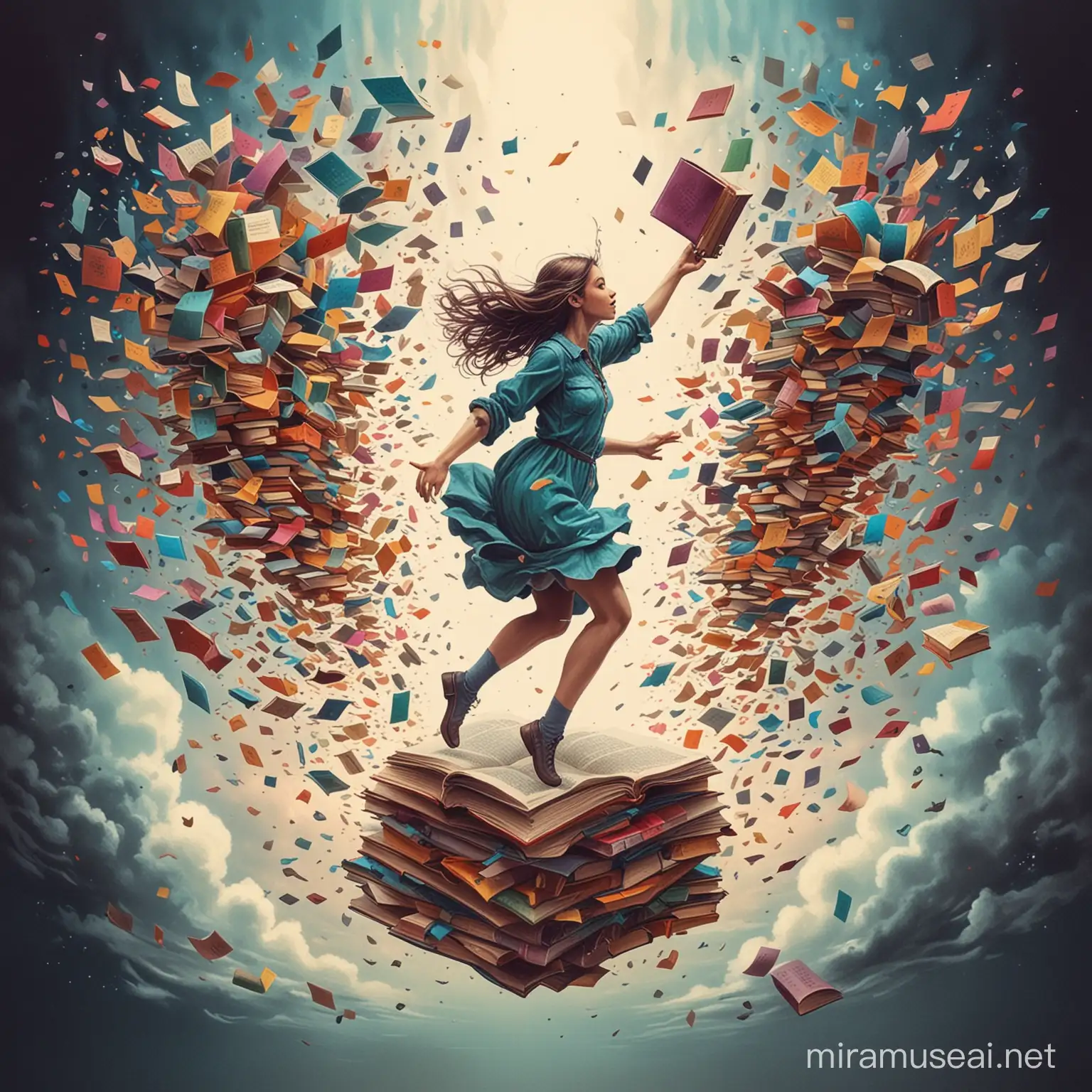 Something surreal with a girl, flying books, colorful ink art