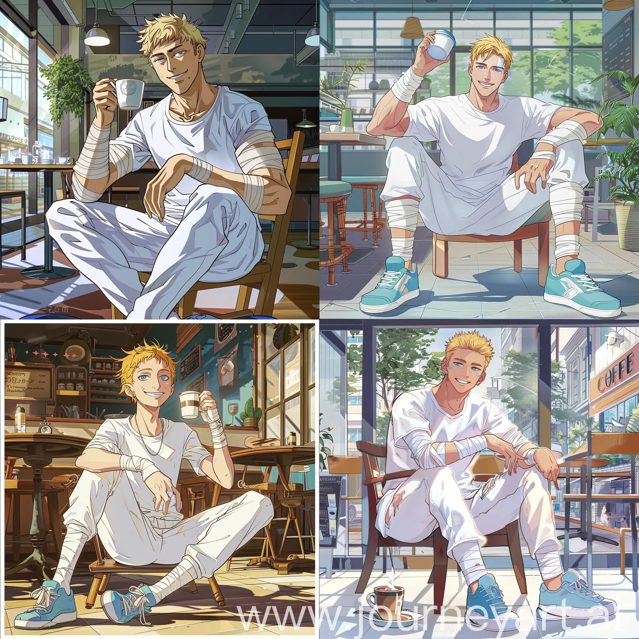 A man of mesomorphic physique short yellow hair a slight smile light-blue eyes dressed in white bandages on the forearms white t-shirt white pants on his feet light-blue sneakers sitting cross-legged on a chair in coffee house with a cup of coffee in his right hand, anime style