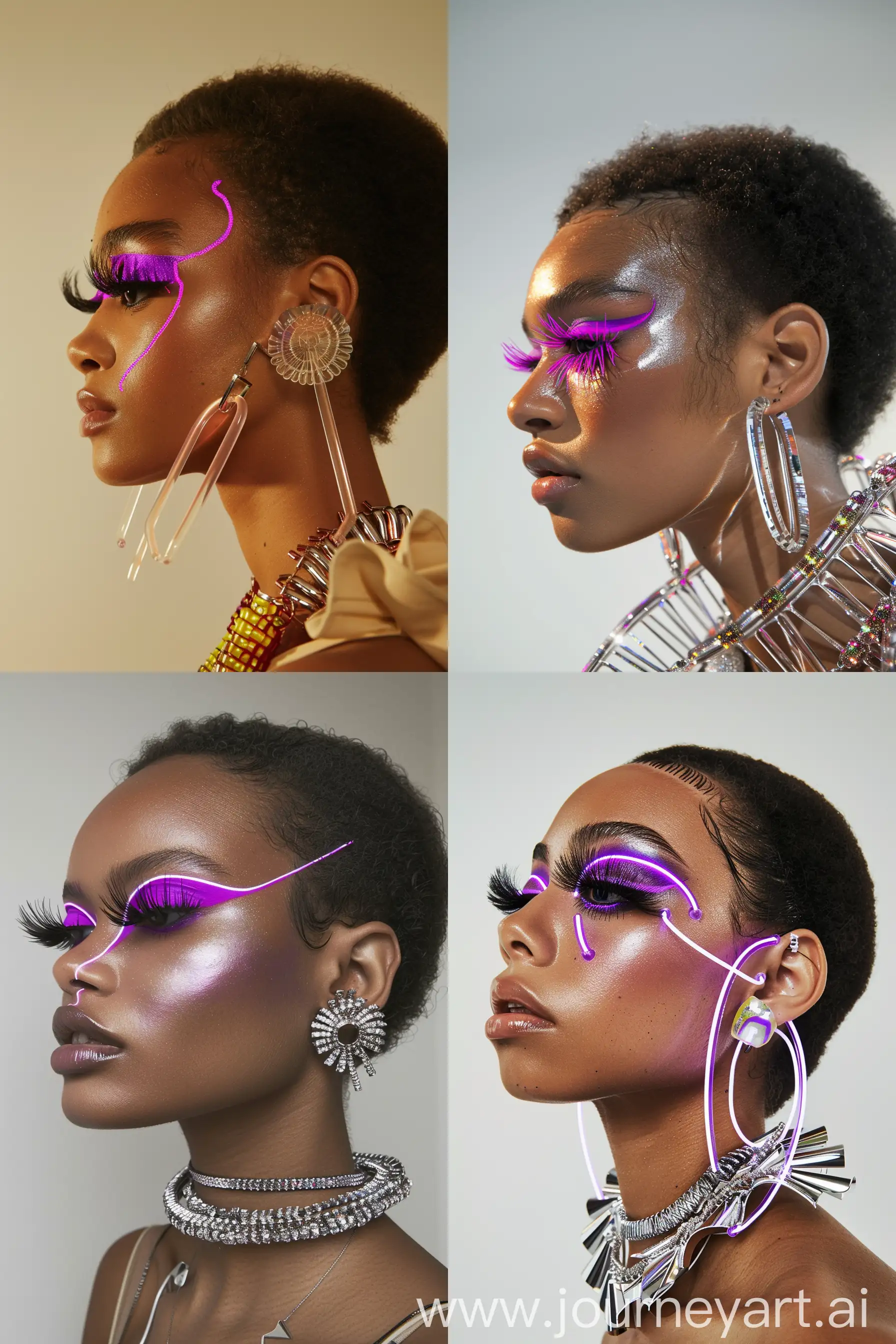 a side profile angle photo of a model with thick  eyelashes, neon purple eye makeup that runs from her eyelid up to her temple, wearing a big solid necklace, huge solid plastic earrings --ar 2:3 --v 6.0