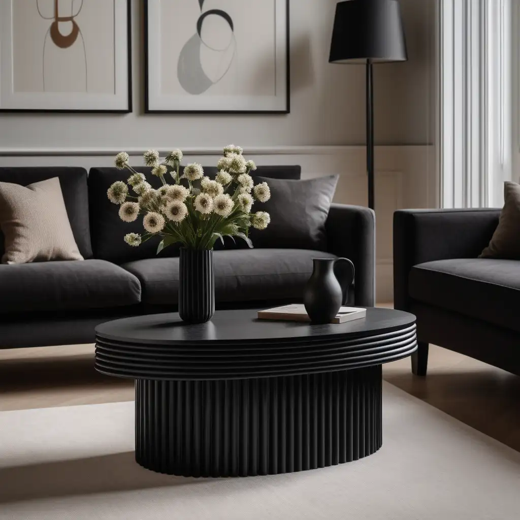 A product photography picture of an oval black coffee table with rounded dowels fluted base with a solid table top in the  centre of a contemporary living room with a vase of flowers on top of it.
