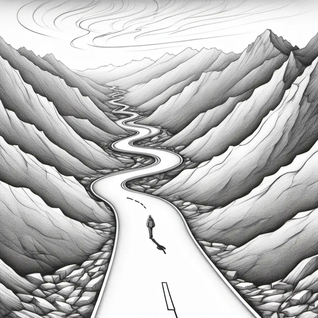 Drawing of a long winding road disappearing into the mountains. A sign with the "START" at the begining of the road and a man walking on the road.