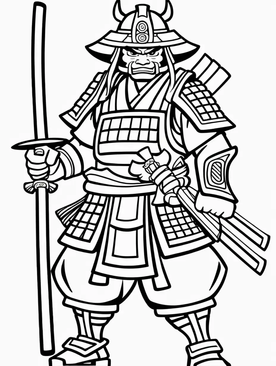 Create samurai cartoon, black and white coloring page for kids with thick lines, no shading, low detail.