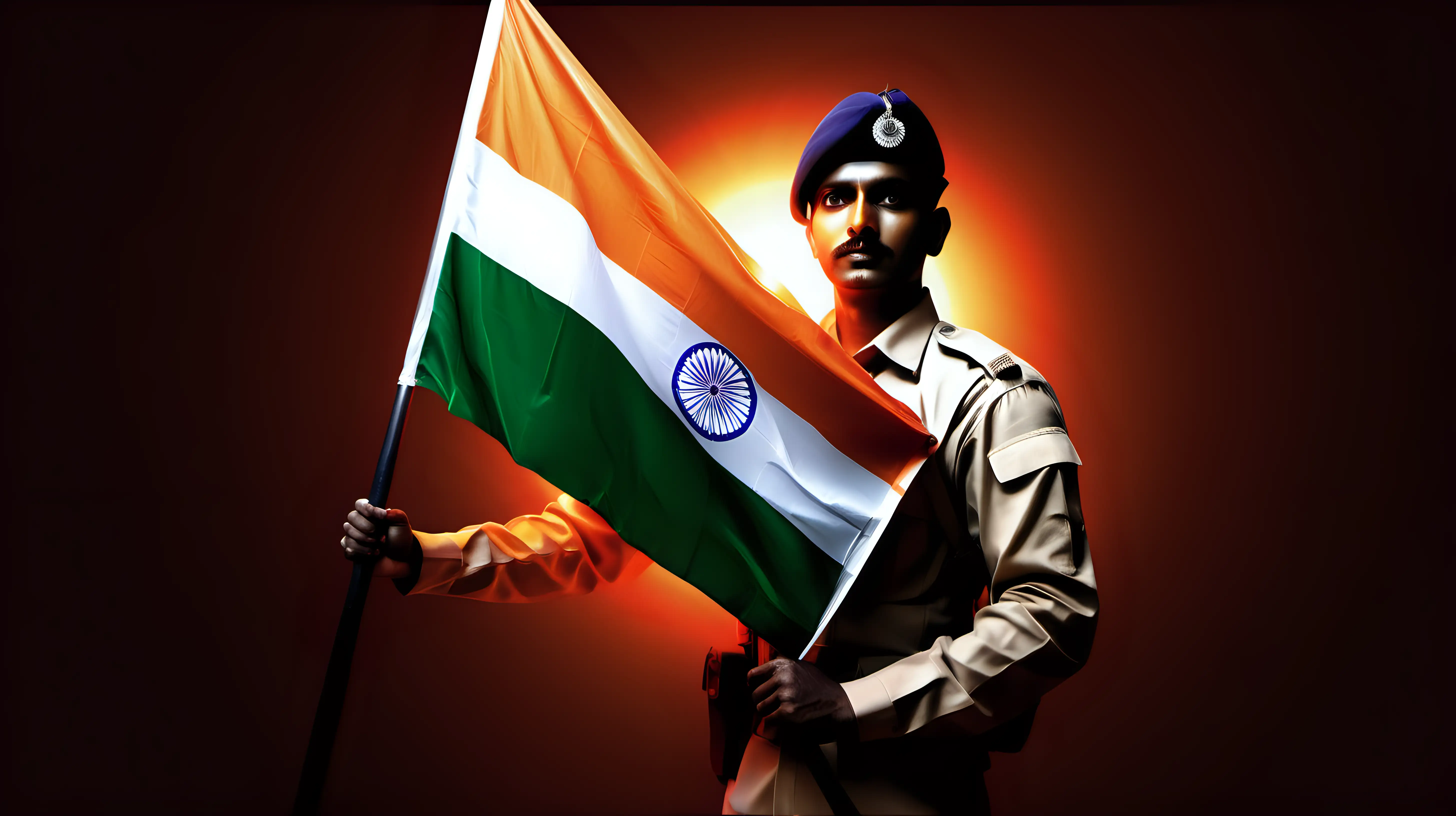 Determined Soldier Embracing Glowing Indian Flag