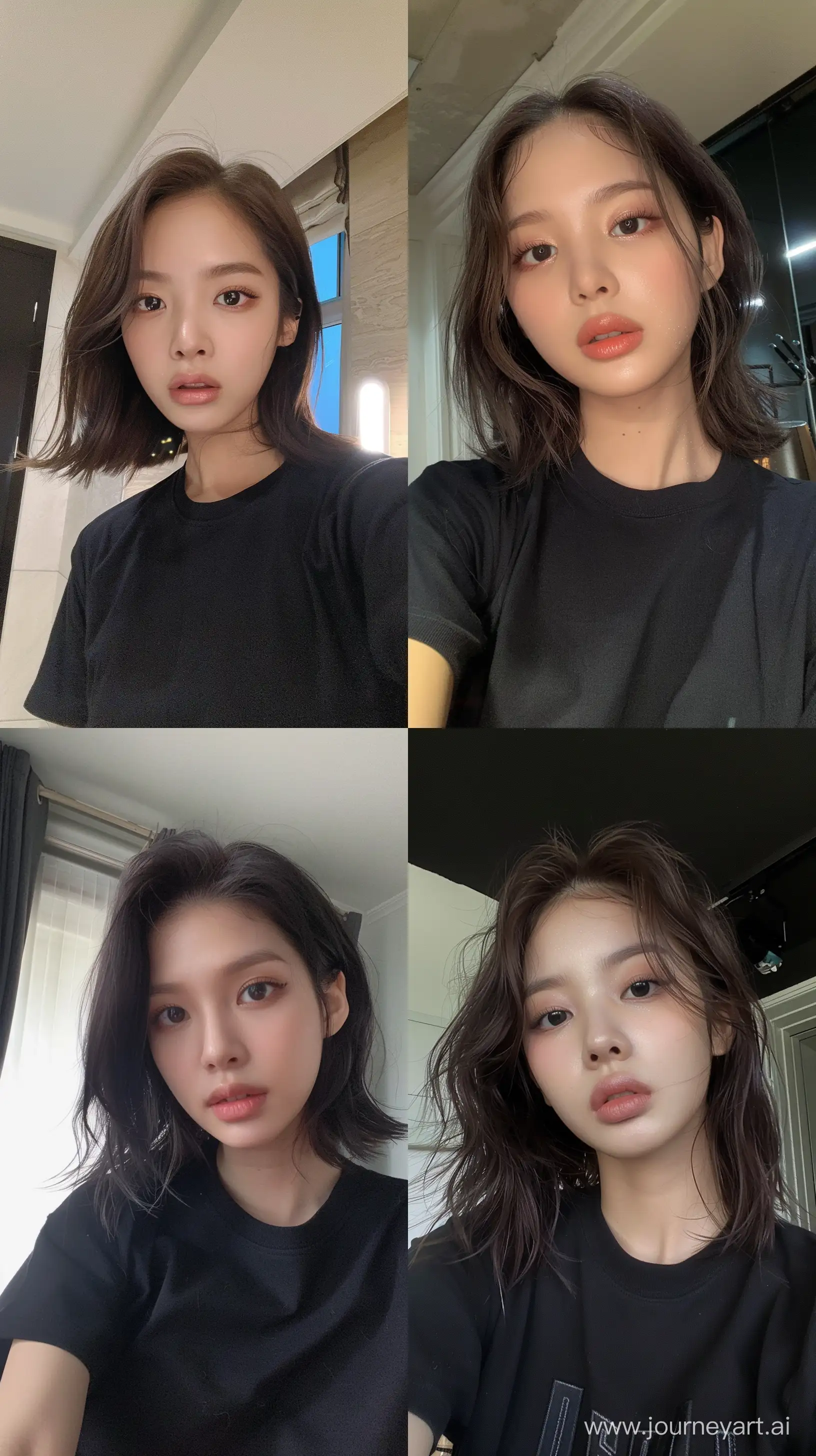 a selfie of blackpink's jennie, with medium wolfcut hair, wearing black t shirt, wide set eyes and aestethic make up --ar 9:16
