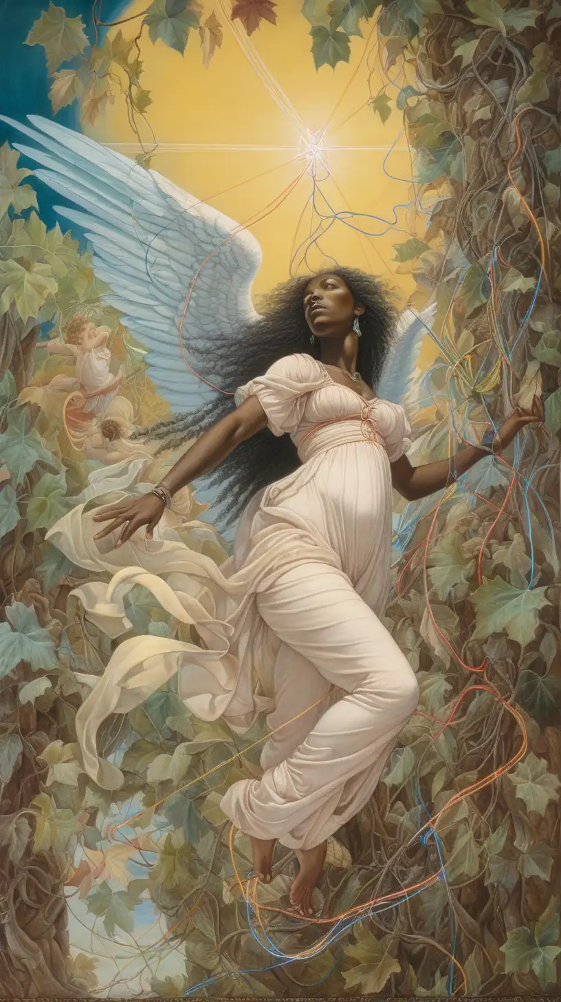 electric colors, cartographic, by Richard dadd, by greg rutkowski, hanging vines, by david mann, scroll painting, third person, dramatic, angel, melanin