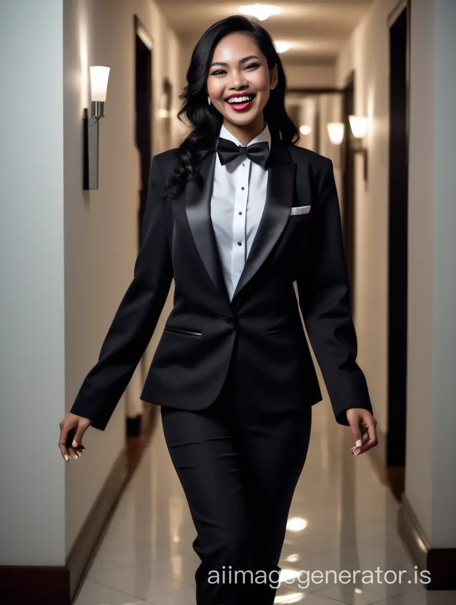 It is night. The lighting is dim. The scene is the room in a wealthy mansion. A beautiful smiling and laughing malaysian woman with tan skin, long black hair, and lipstick, mid-twenties of age, is walking straight forward, looking at the viewer.  She is wearing a tuxedo with a black jacket and black pants.  Her shirt is white with double french cuffs and a wing collar.  Her bowtie is black.   Her cufflinks are large and black.  She is wearing shiny black high heels. She is smiling and laughing.  Her jacket is open.  Photorealistic, best quality raw photo.