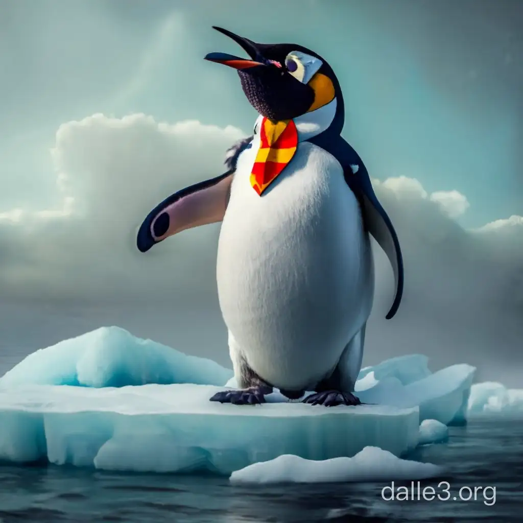 penguin stands atop iceberg. creepy mood. the penguin is saluting towards the camera. The penguin's face is replaced with harry potter's face. vivid color, ultra realistic
