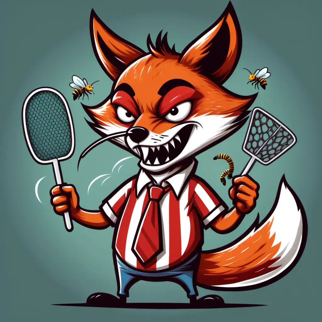 An angry and scary looking fox. The fox is wearing a red and white striped shirt. The fox is hitting a bee with a mosquito swatter (cartoon style)