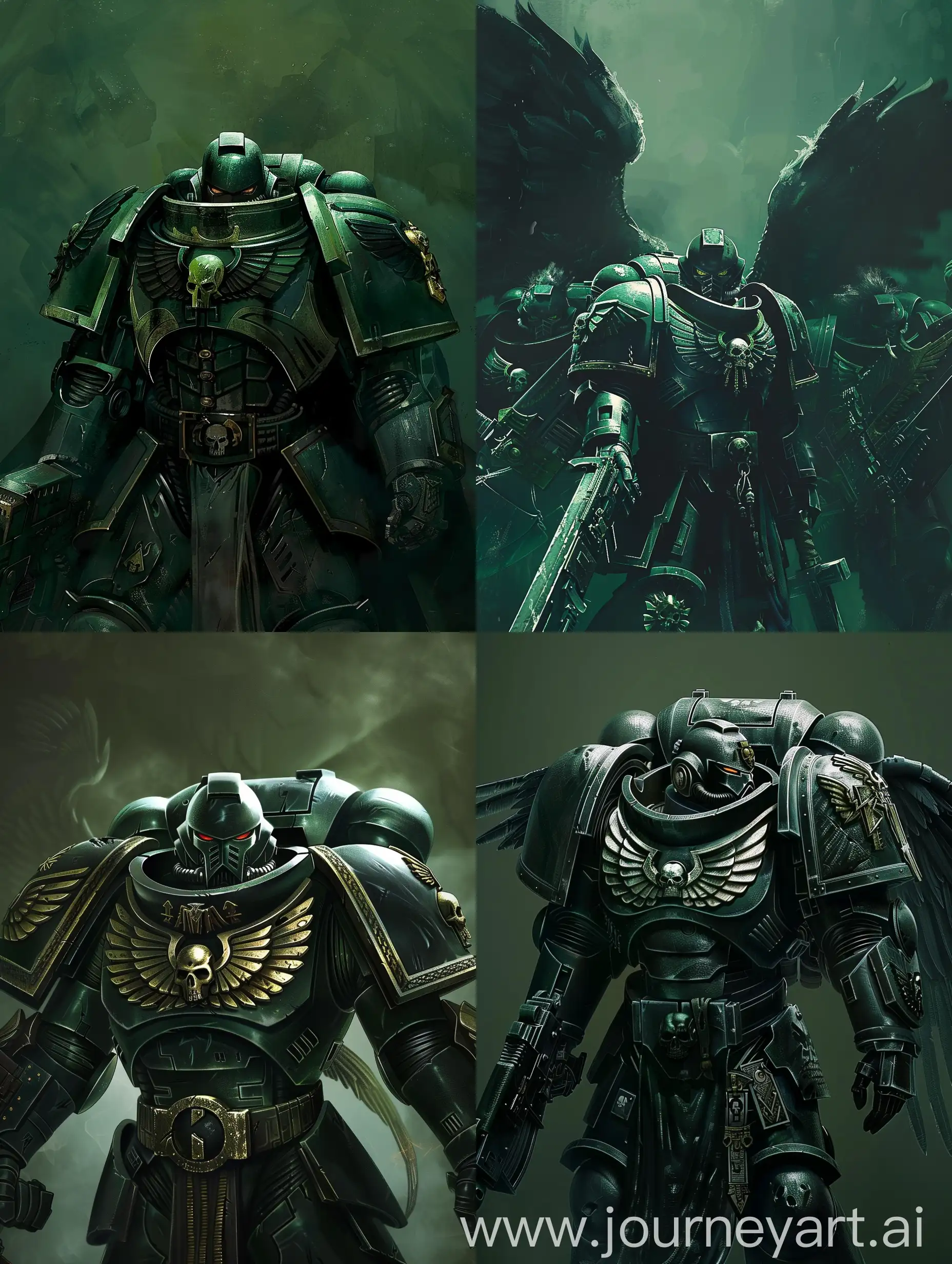 The Dark Angels from the Warhammer 40k universe. The background is dark green.