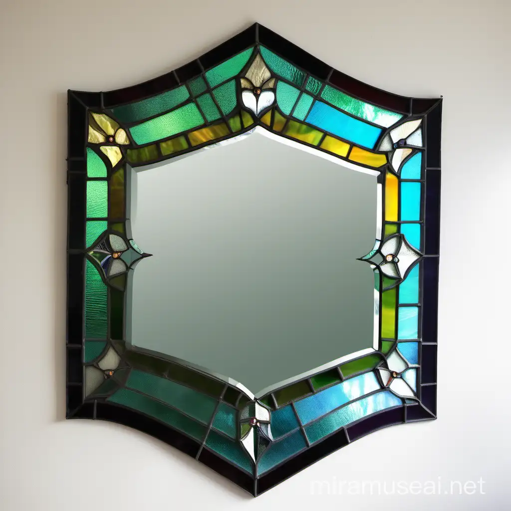 A very beautiful Tiffany coloured glass stained glass mirror hangs on the wall 