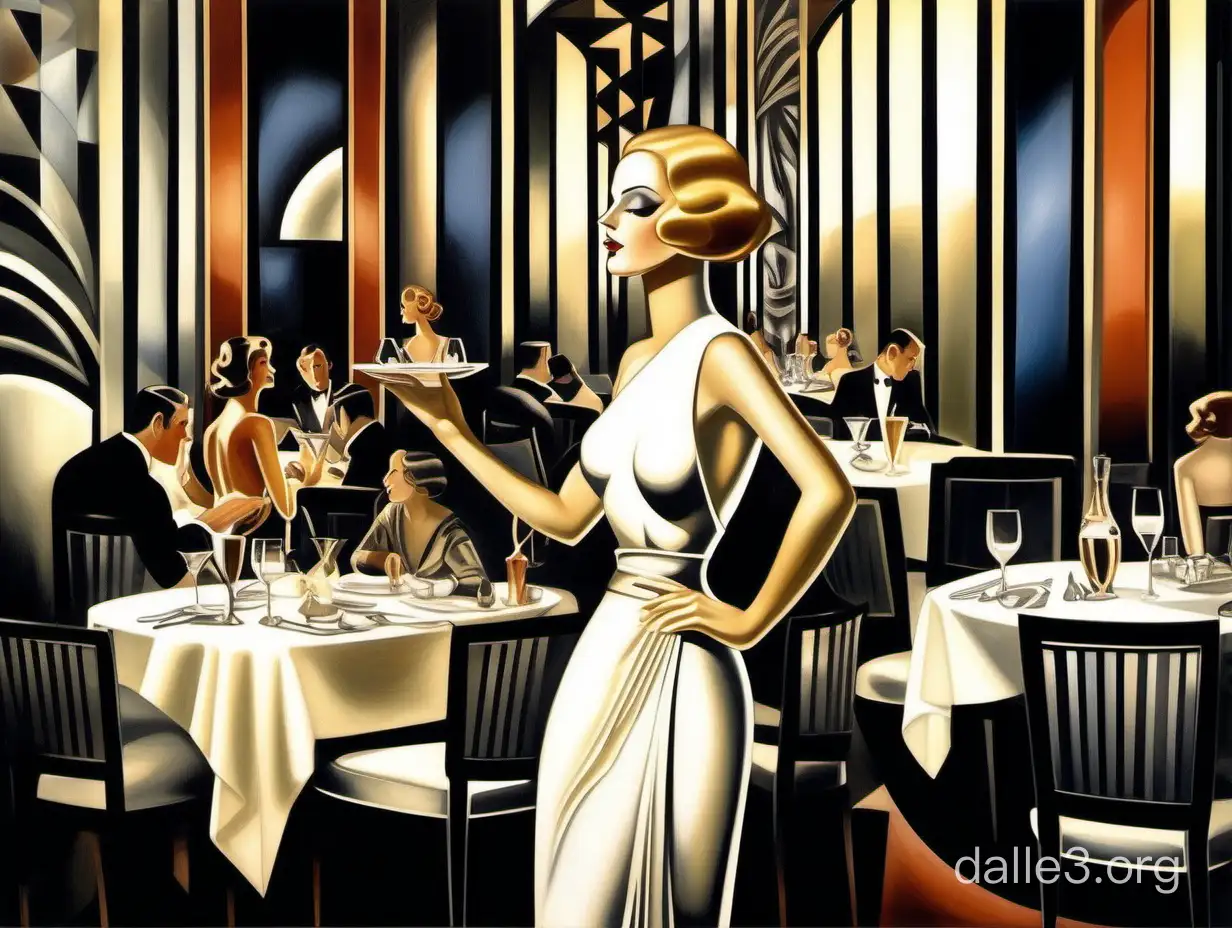 Imagine a painting that embodies the sleek, modern elegance of the Art Deco period, heavily inspired by Tamara de Lempicka's distinctive style. The setting is a bustling, upscale restaurant, filled with the vibrant energy of the roaring twenties. In the center of this lively scene stands a woman, exuding confidence and grace. Her figure is rendered in Lempicka's iconic, polished manner, with smooth, flowing lines and sharp, geometric shapes that capture both her form and the opulence of her surroundings.  The woman is dressed in a stunning, form-fitting evening gown that speaks of luxury and sophistication, its fabric shimmering subtly under the restaurant's artfully designed lighting. Her hair is styled in a sleek, fashionable bob, typical of the era, and she holds a delicate, long-stemmed glass, suggesting an air of leisure and enjoyment. Around her, the restaurant buzzes with the activity of well-dressed patrons, waiters moving gracefully with trays of sparkling drinks and exquisite dishes, and the soft glow of ornate, geometrically patterned lamps.  The background is a masterful blend of dynamic and static elements, capturing the essence of a high-society gathering place with its elegant architectural details, rich textures, and a palette that combines vibrant and muted tones to create a sense of depth and atmosphere. The entire composition is bathed in a soft, diffused light that highlights the woman's striking features and the luxurious details of her environment, making her the undisputed focal point of the scene.  This image should encapsulate the essence of Lempicka's work: the celebration of modernity, luxury, and the beauty of the human form, all while capturing a moment of everyday elegance in a way that is both timeless and distinctly reflective of the Art Deco era.