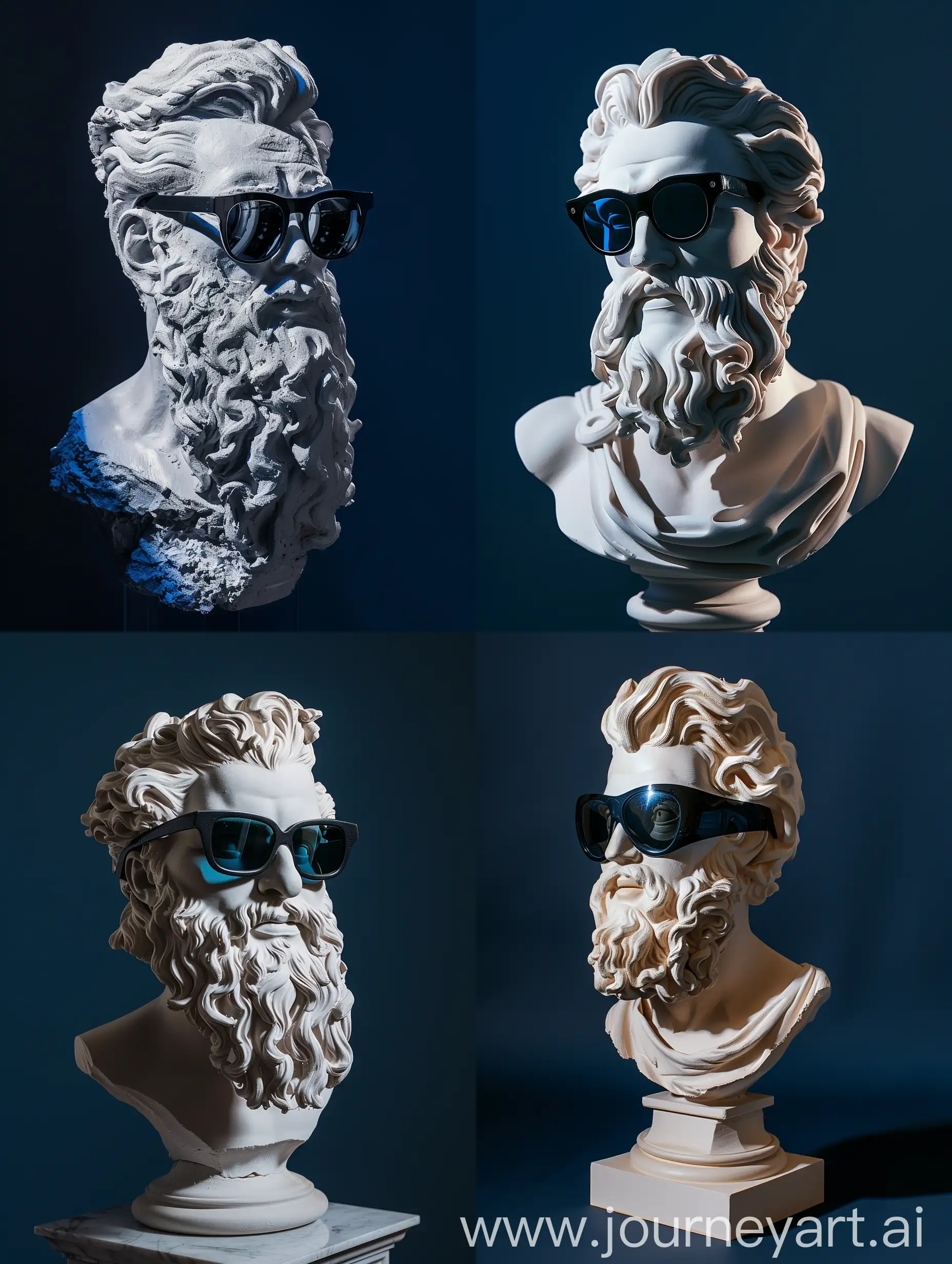 A Plaster Sculpture of Zeus, Modern Black Sunglasses, White Light Reflections on Sculpture, Navy Blue Dark Background, Catalog Pose, Wide Shot, High Precision --v 6.0 --ar 3:4