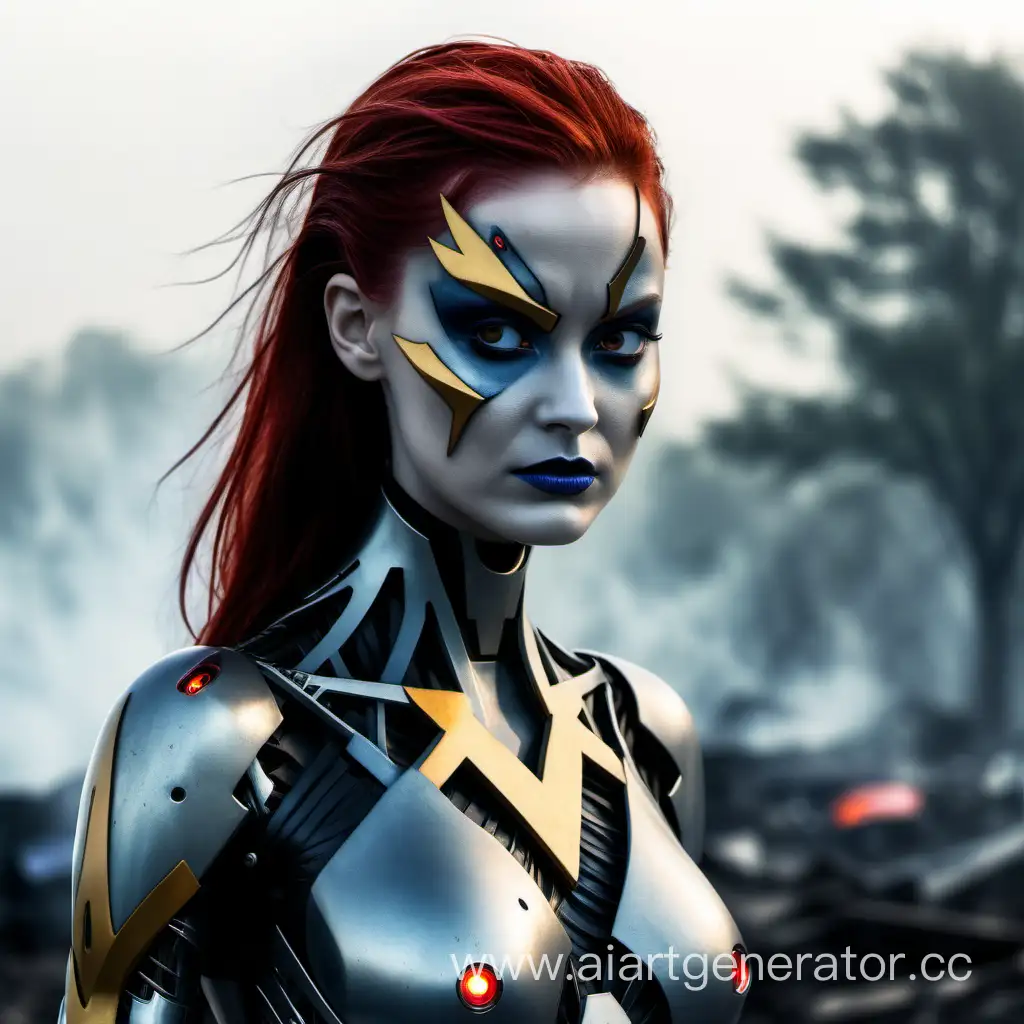 The dark phoenix cyborg girl looks at me with contempt. fog in the background. to detail.