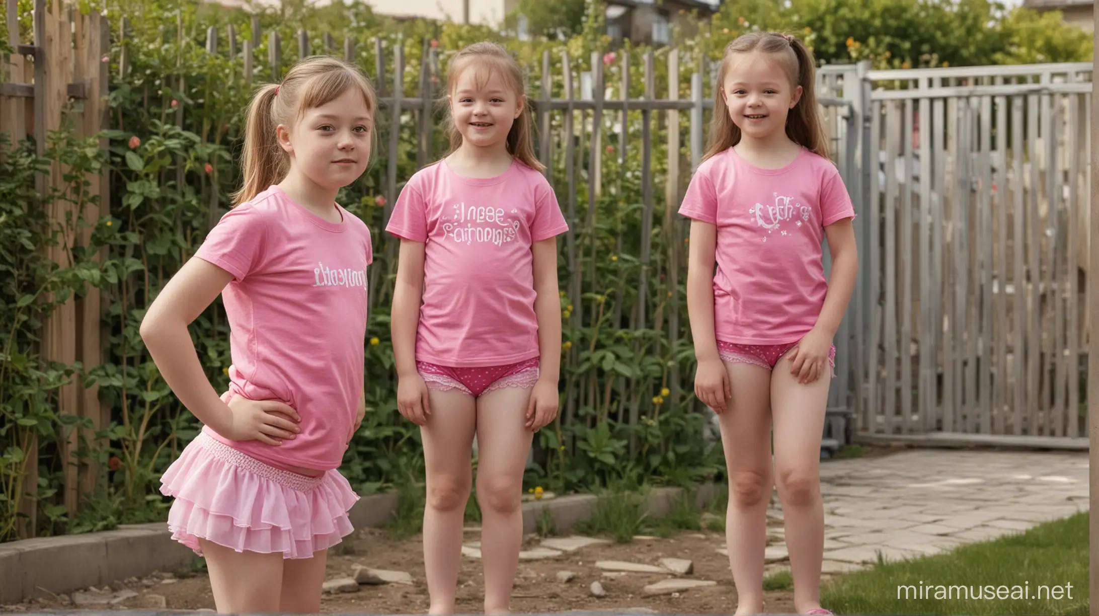 Photorealistic picture of an 11-years-old girl with down syndrome in the yard, she is wearing pink panties and a pink t-shirt