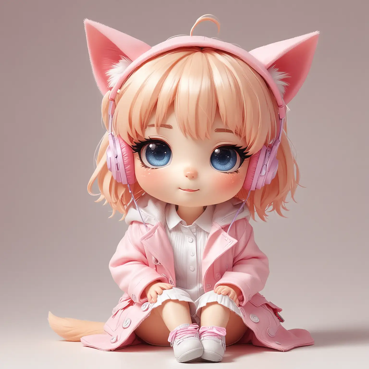 chibi character, blonde hair, plain white dress, loose pink oversize jacket, pink headphones, pink eye glasses, cat ears, white background, pastel, short hair, super messy hair, painting picture, strawberry hair pin, blue eyes, lively smile, fangs, sitting, open shoulder, thick line art, cel-shading

