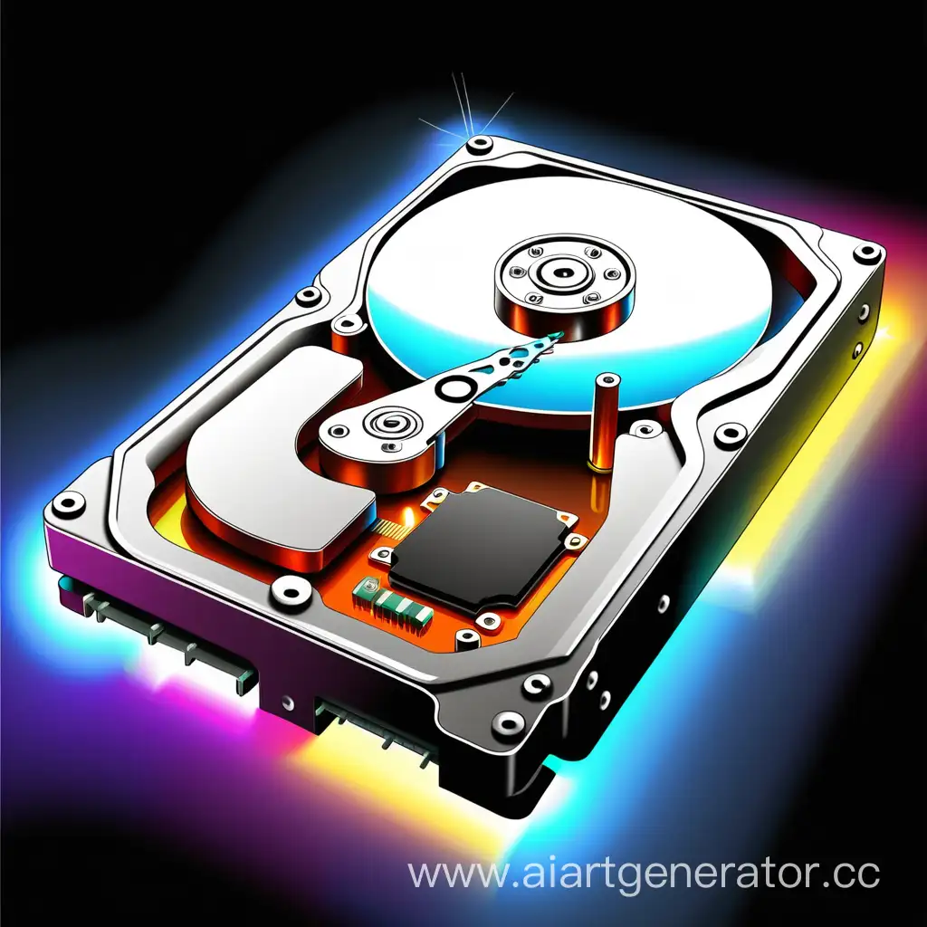 A drawing of a very capacious hard disk and a solid-state drive with bright light bulbs and LEDs shimmering in different colors, creating a sense of a cosmic atmosphere
