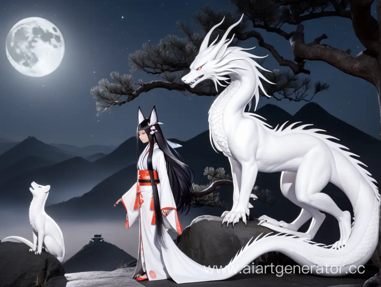 Moonlit-Encounter-Black-Kitsune-and-White-Dragon