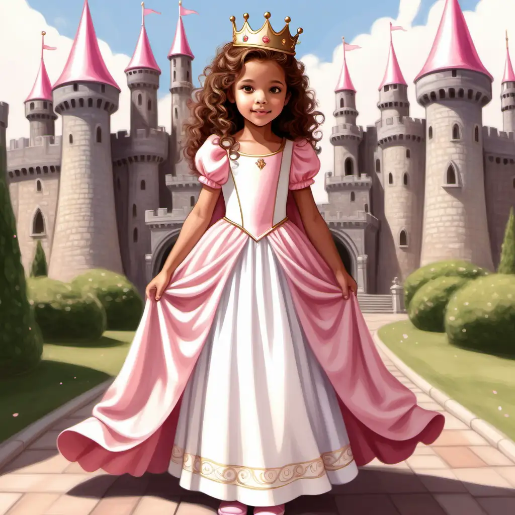 Flat art, children's book, cute, 5 year old girl, tan skin, light hazel eyes, long tight curl brown hair, angelic, neutral expression, beautiful, princess clothing with large crown, full body, long pink and white dress, castle background