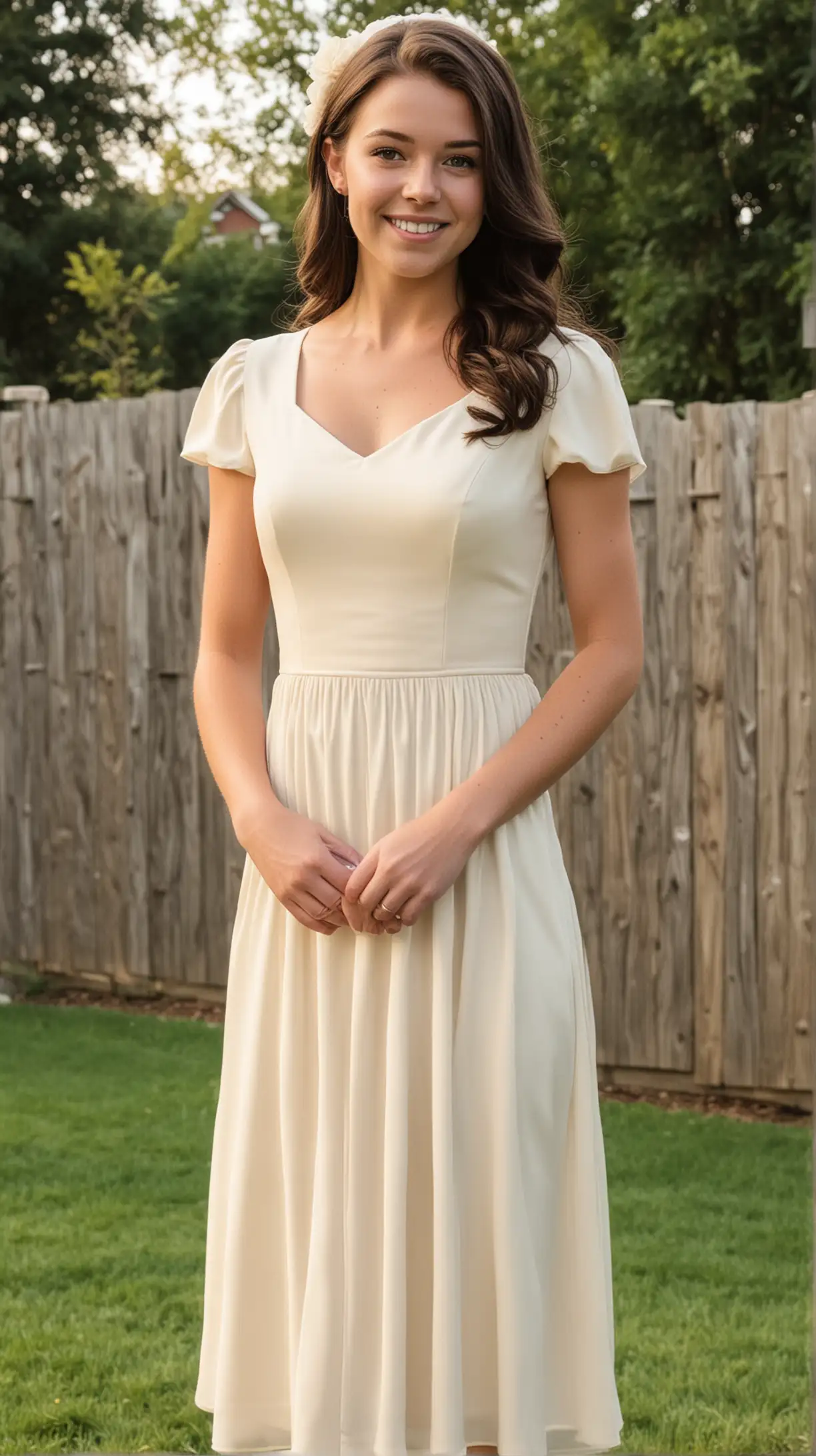 Teenage Jordan Claire Robbins with long, dark, brunette hair wearing cream, cap-sleeve bridesmaid dress