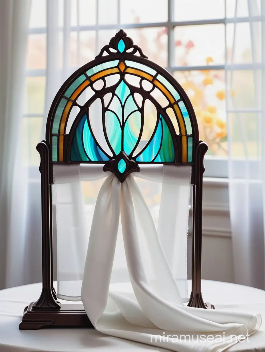 Tiffany Stained Glass Napkin Holder on Table with Art Nouveau Style Curtains