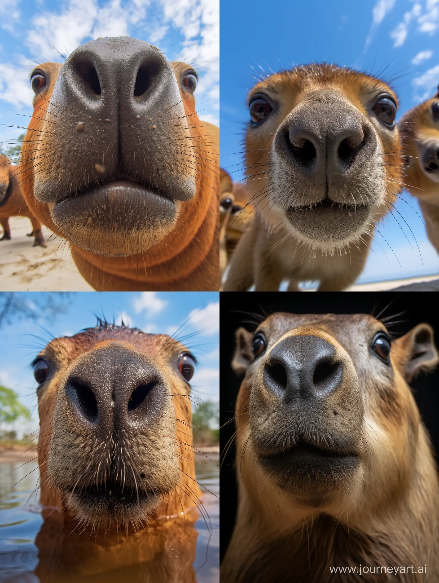 capybara, professional photo, 15mm,f/2.8,1/500s, iso2000, bottom-up view, full face, высокая детализация, крупный план