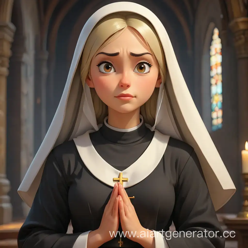 сексуальная монашка блондинка с большой открытой грудью в черном молится на икону и смотрит в бок 3д мультяшная