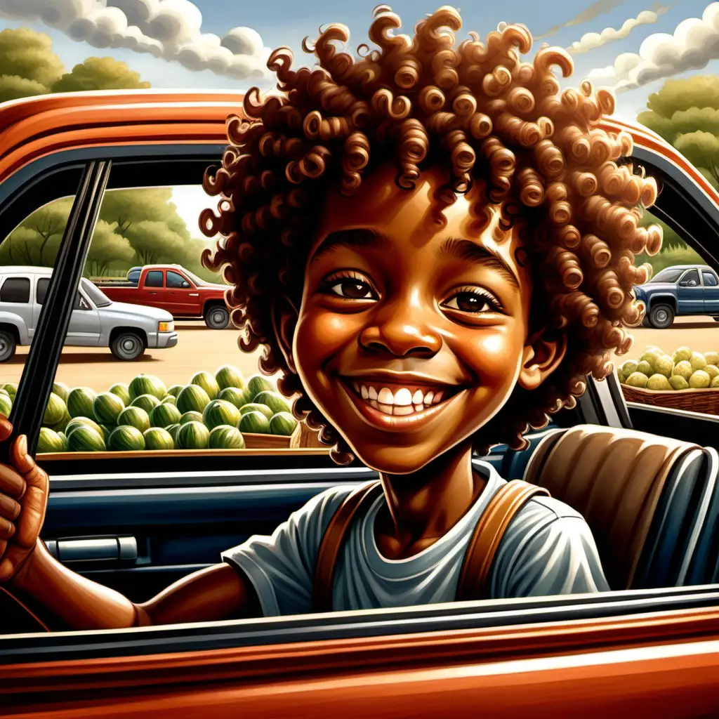 Joyful Journey to the Farmers Market Cartoon African American Boy in Ernie Barnes Style