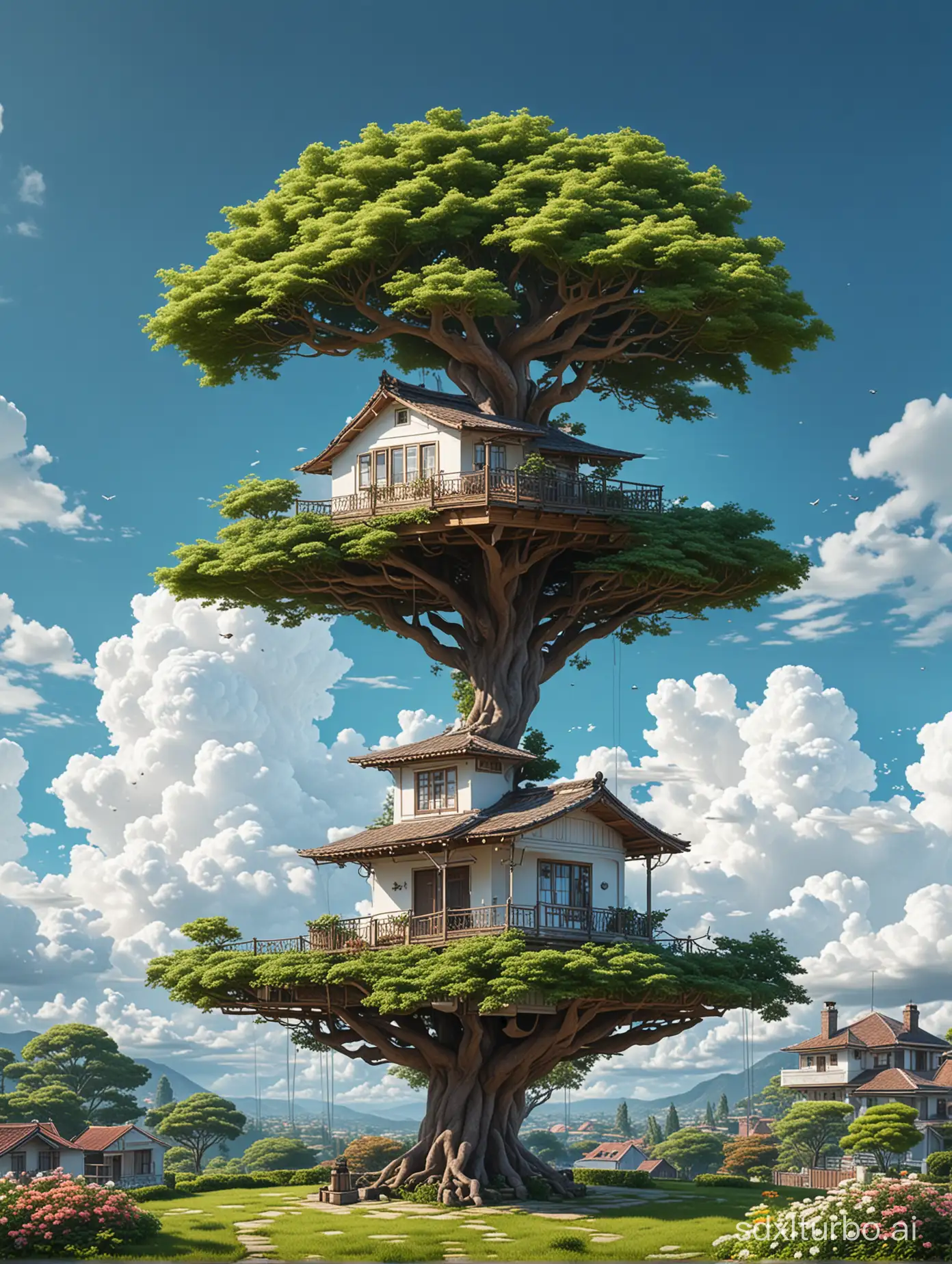 Create a digital illustration style of a flat Platform floating in the sky,on top of the platform is a old house full of lush greenery,a huge tree like a bonsai,grass,flowers,blue sky fluffy white clouds ,far angle view,glossy,fully detailed,fluffy white clouds also at the bottom