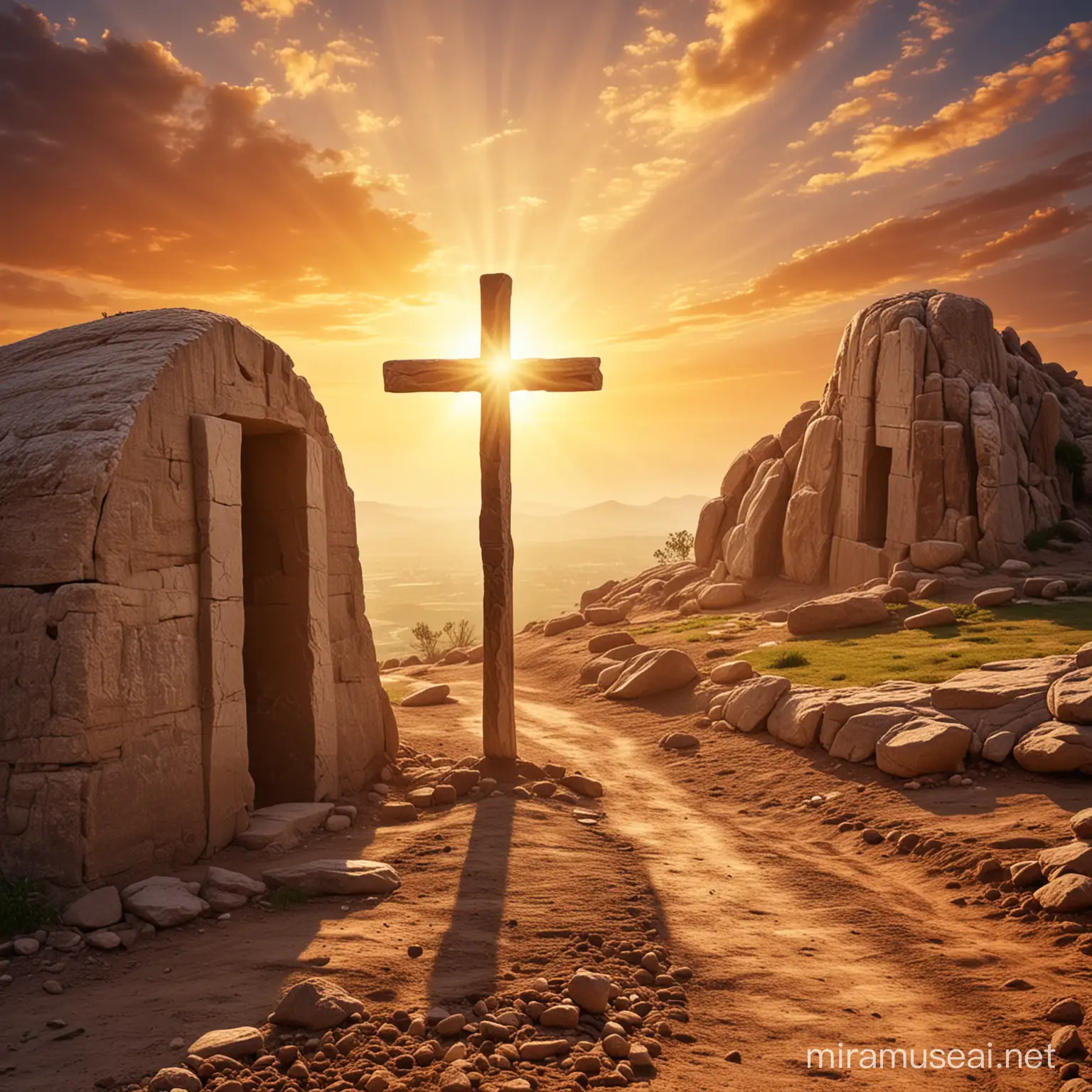 Resurrection of Jesus Christ. The cross with a peaceful sunrise background and the tomb with the stone rolled away