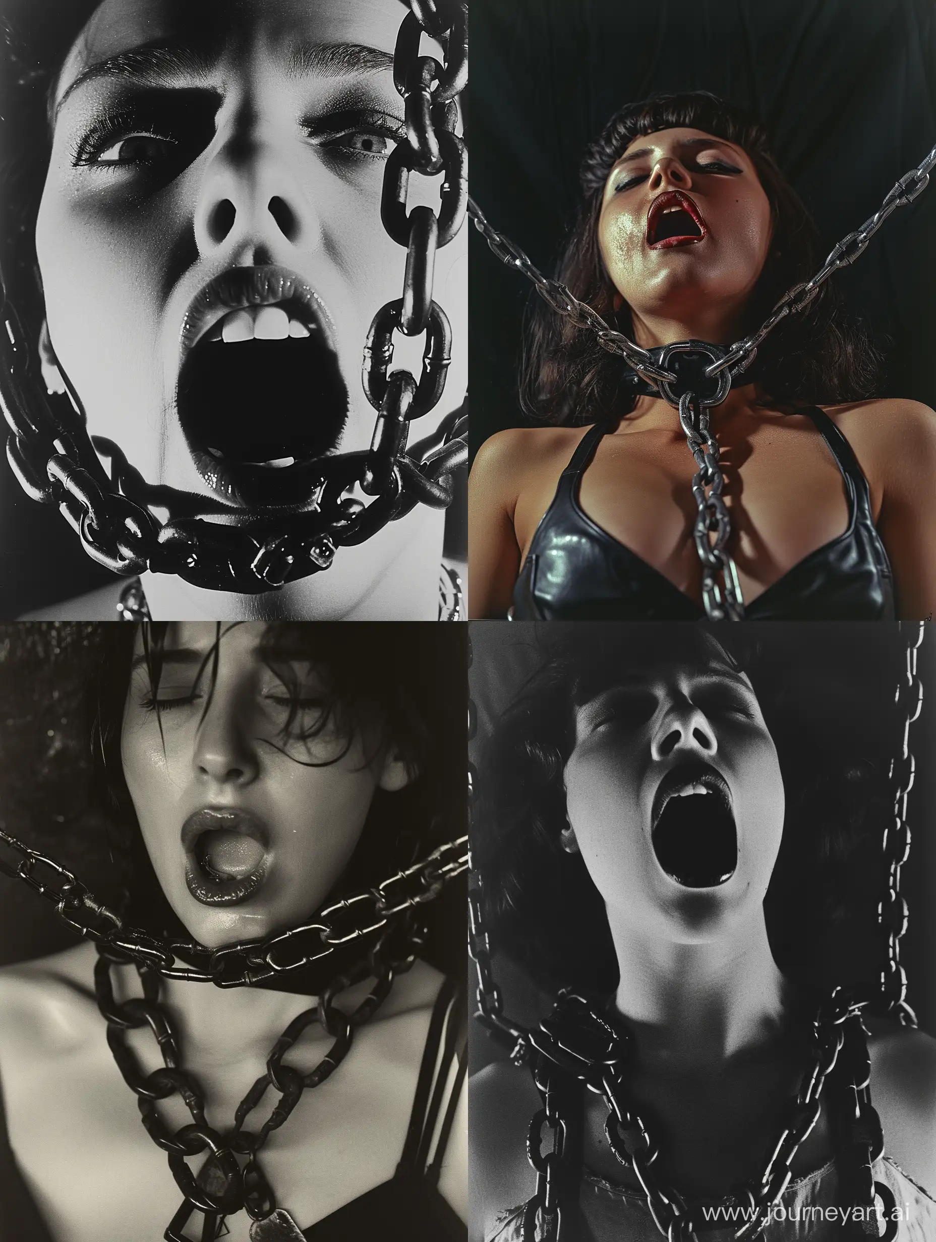 Saturated portrait of woman with mouth pri3d open using chains, chain, harness, unhinged, photo taken on provia