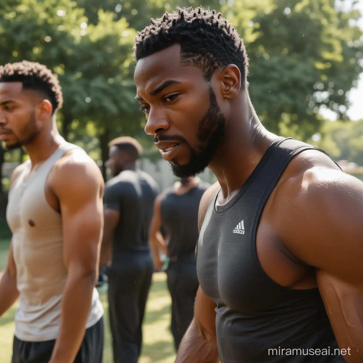 Black male sweaty athletes training outside.