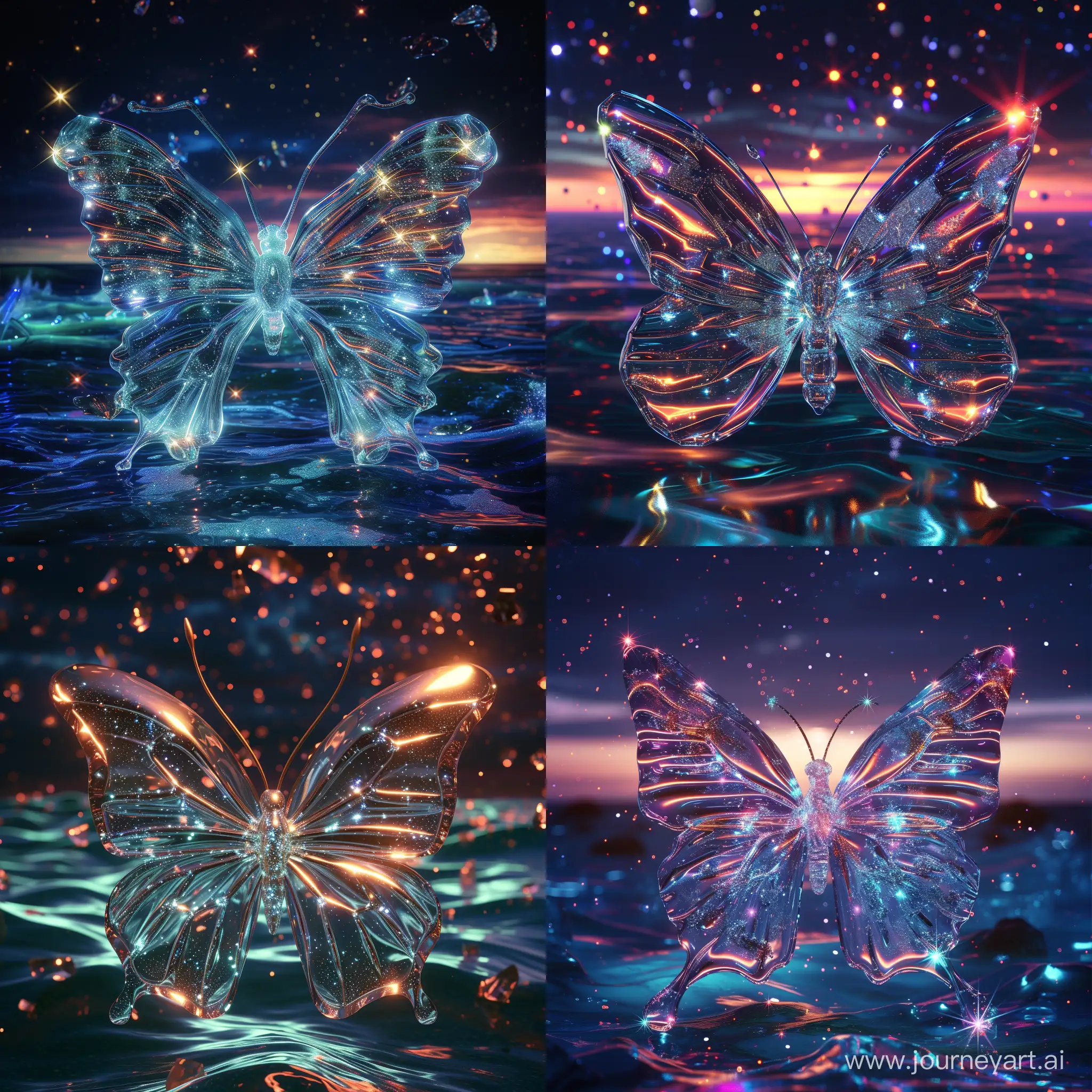 an epic bioluminescent butterfly made of crystal glass, glowing space nebula background with glittering stars, sharp focus, glitter, very shallow depth of field, 3D, breathtaking intricate details, realistic and lifelike, dramatic natural lighting, reflective catchlights, high quality fine art, very detailed ocean background with neon colors