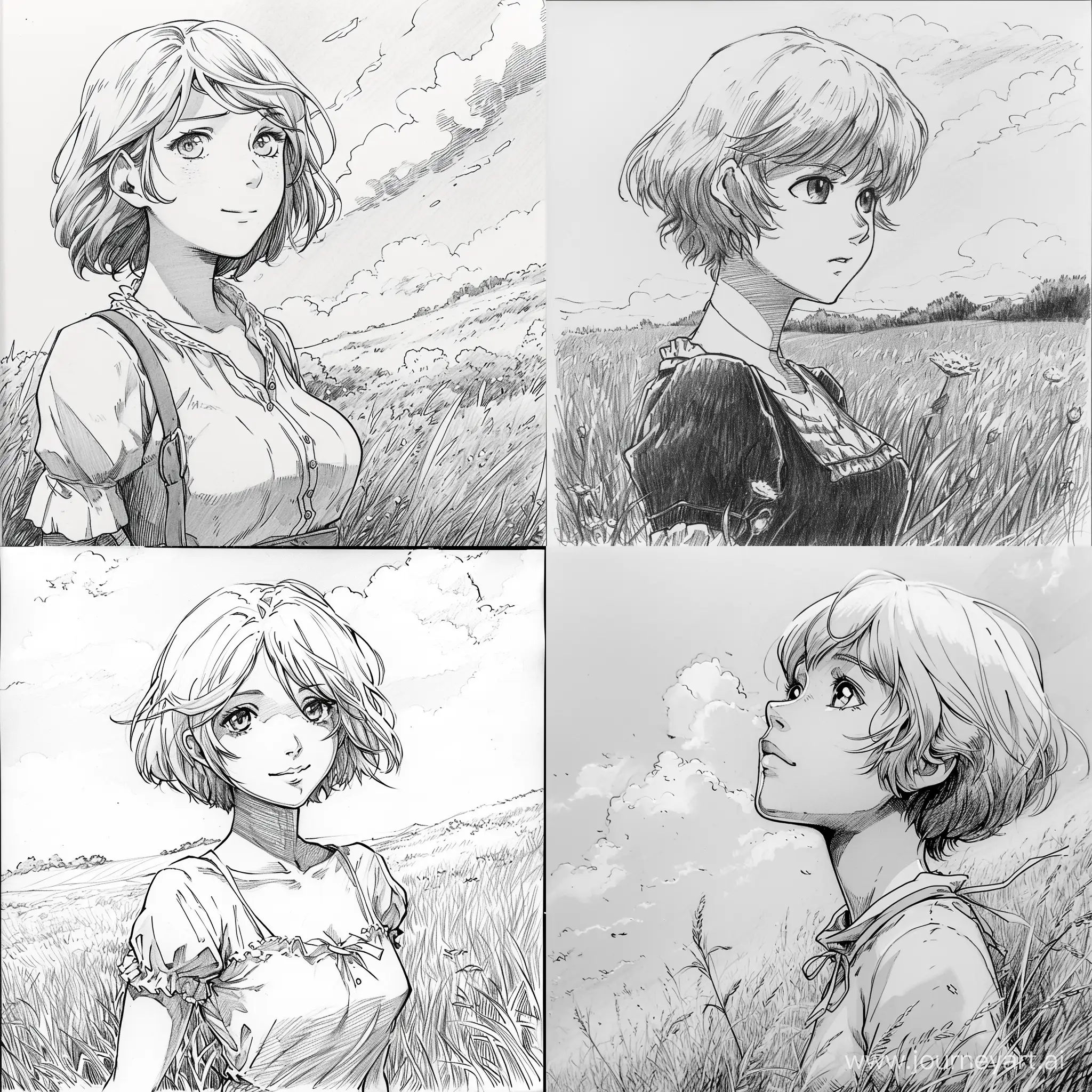 В чёрно-белом цвете, нарисовано карандашом, в стиле старого аниме, женщина, пастушка, молодая, с короткими светлыми волосами, на лугу