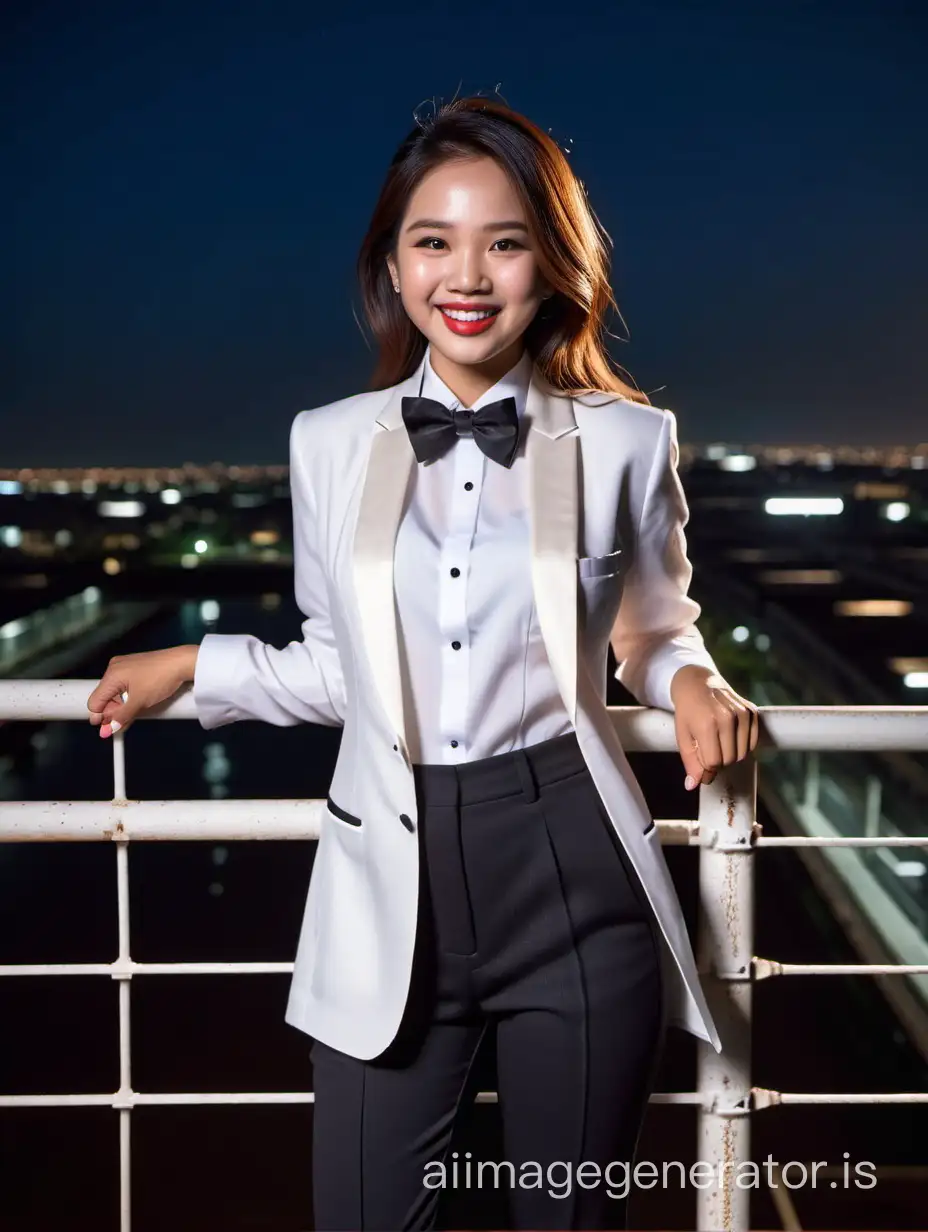 A stunning and cute and sophisticated and confident indonesian woman with shoulder length hair and lipstick wearing a white tuxedo with a white shirt with cufflinks and a (black bow tie) and (black pants), standing on a scaffold facing forward, laughing and smiling.  She is relaxed. It is night.