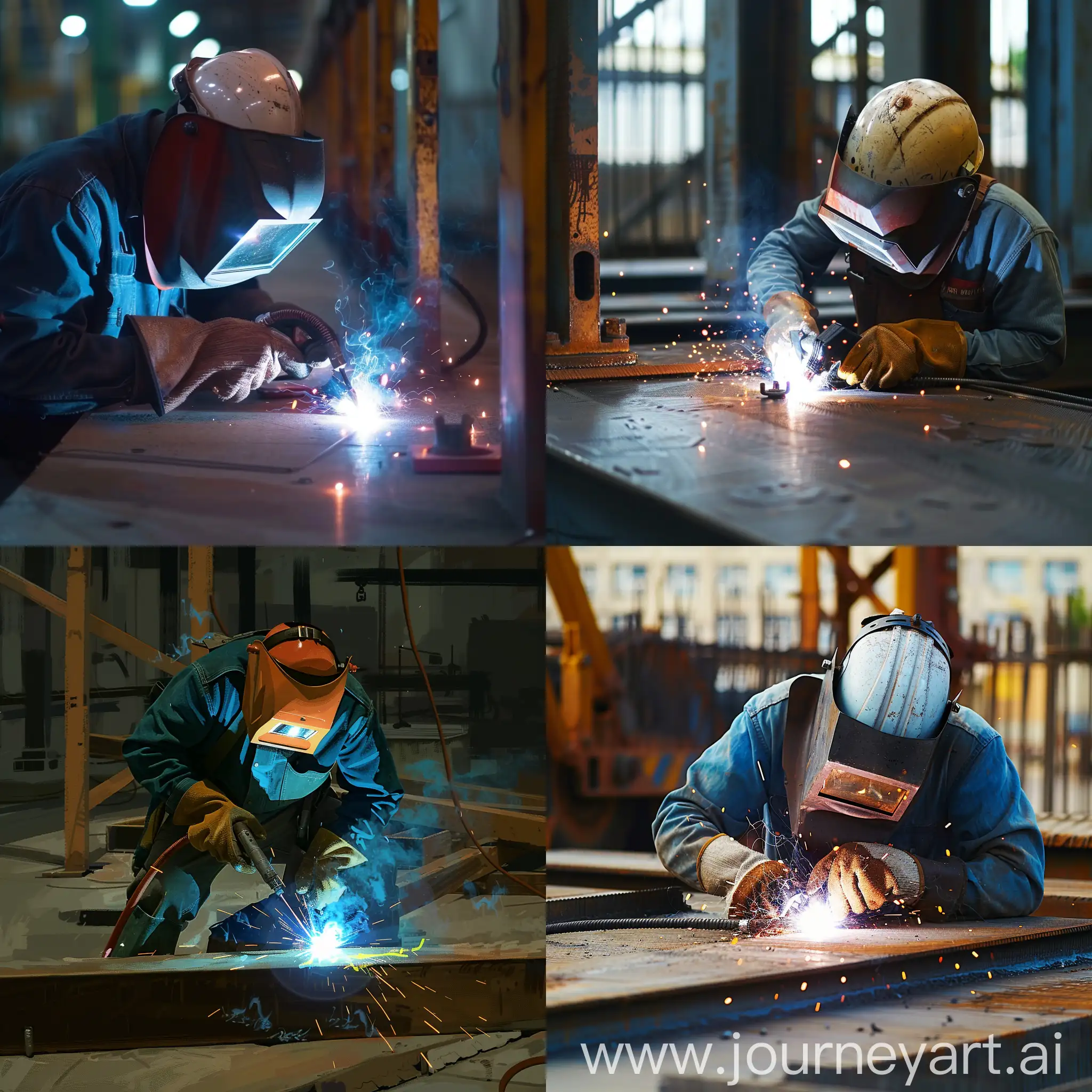 Generate a constroction worker wich is welding a havy metal. Realitic
