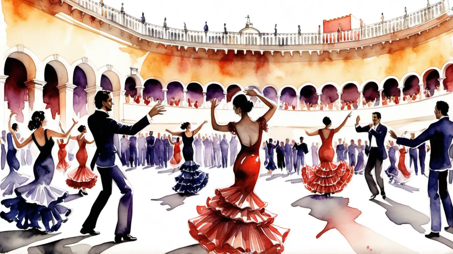romantic watercolour illustration of Luis miguell concert in Sevilla in June add in Flamenco dancers. Use light colours 