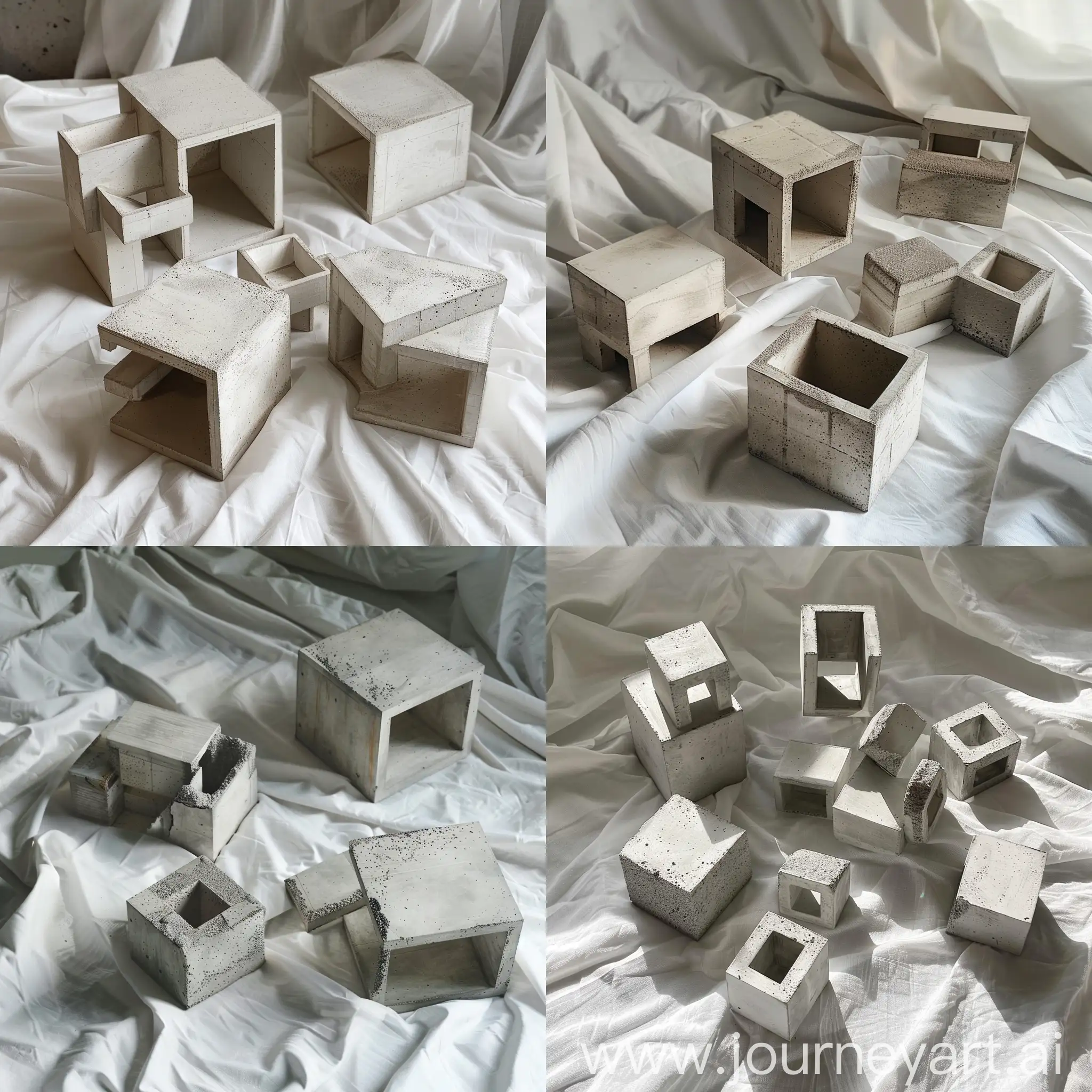 some concrete architecture cubic models near each other on a white sheet, from top view, super detailed