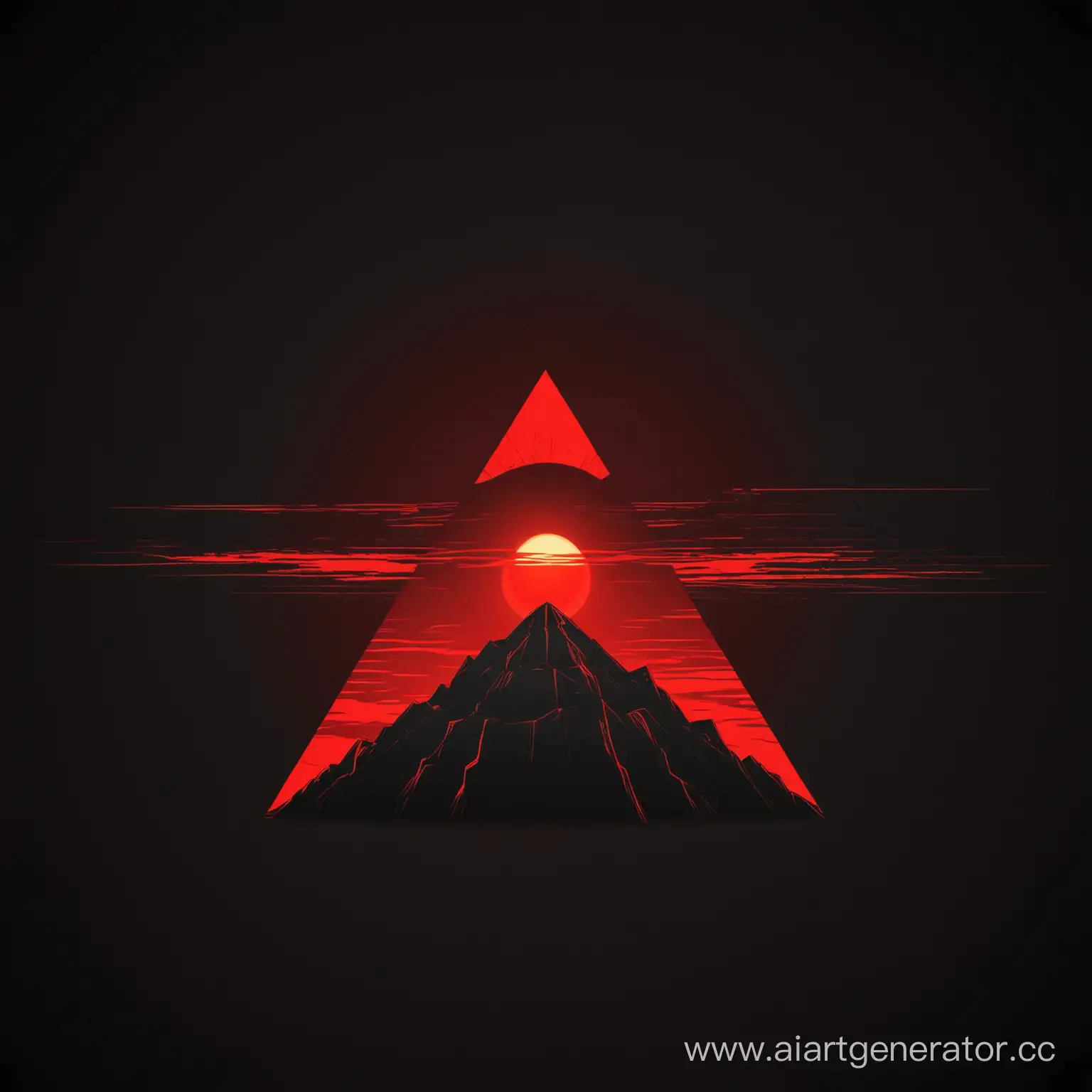 Черная пирамида, позади солнце красное с прямыми красными лучами, Черный фон, логотип, мультяшный стиль 